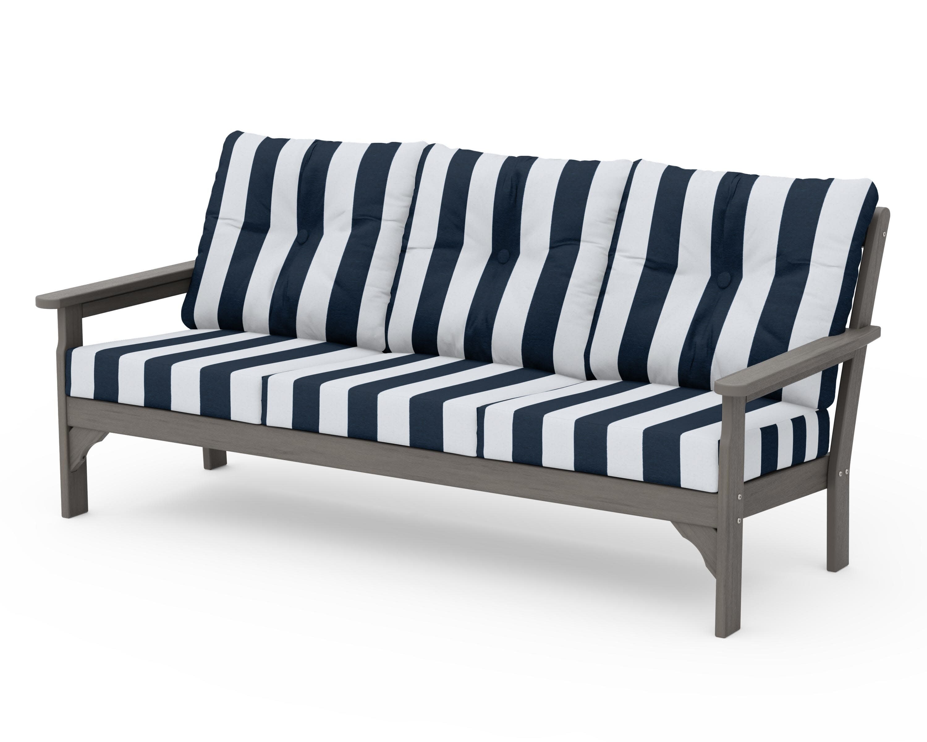 Vineyard Deep Seating Sofa in Driftwood / Cabana Stripe Marine Indigo