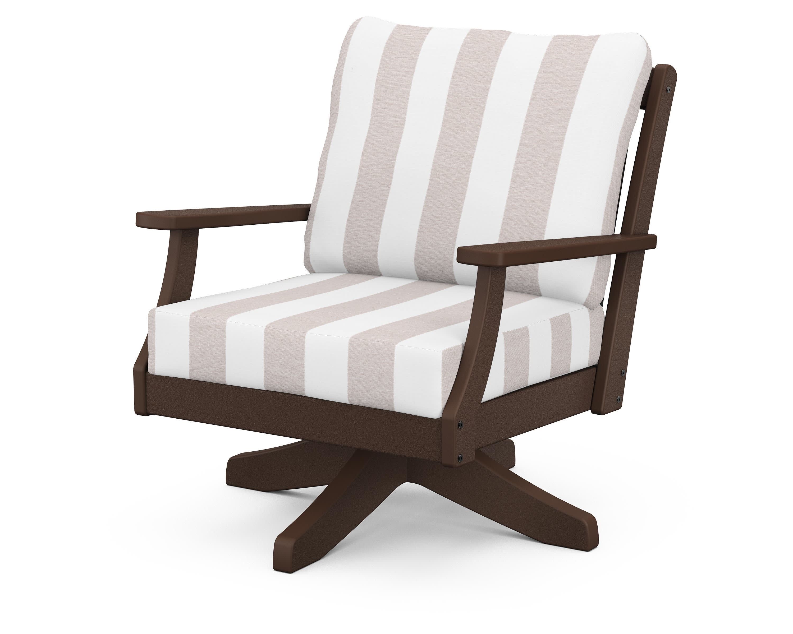 Braxton Deep Seating Swivel Chair in Mahogany / Cabana Stripe Dune Burlap