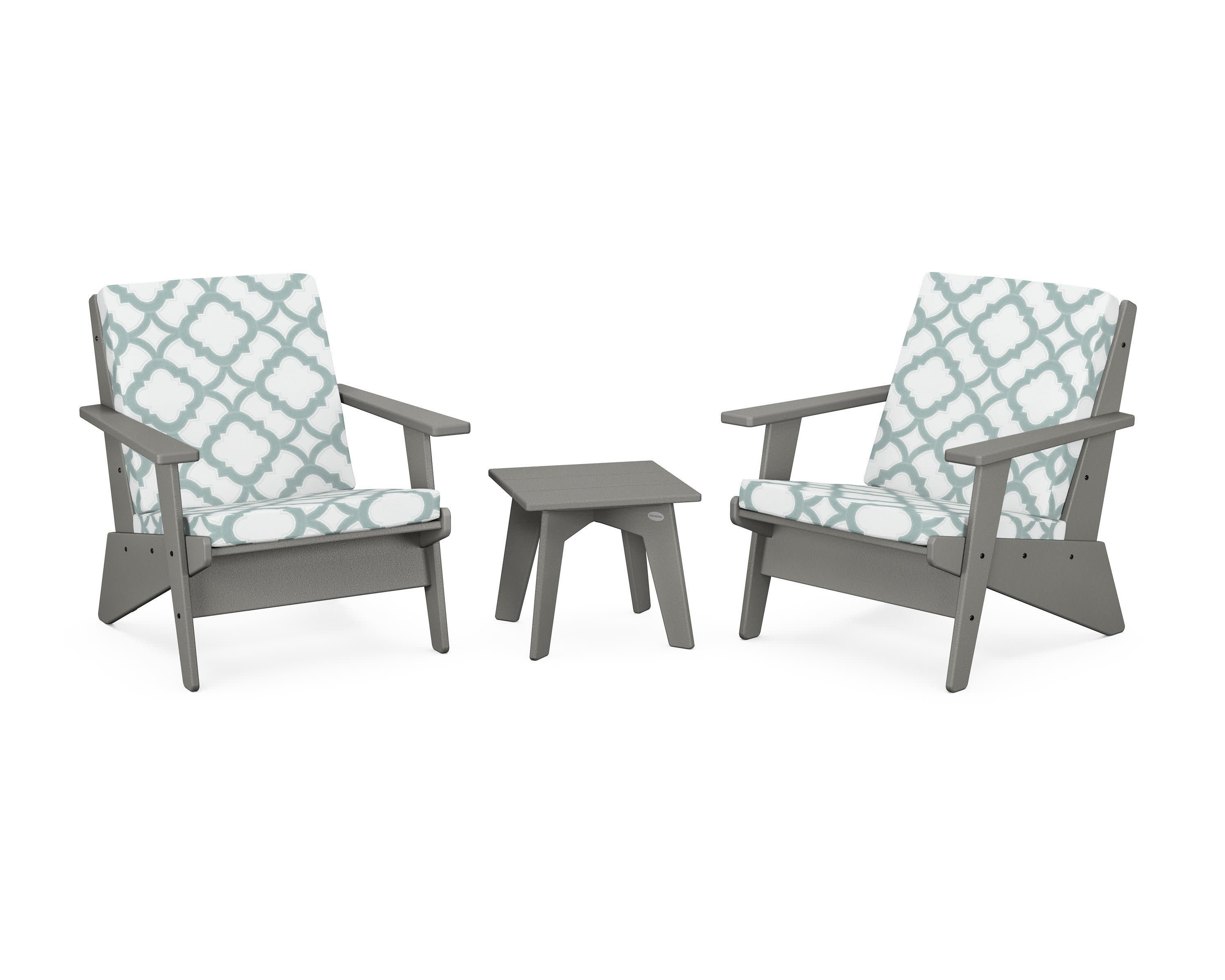 Riviera Modern Lounge 3-Piece Set in Slate Grey / Trellis Glacier Spa
