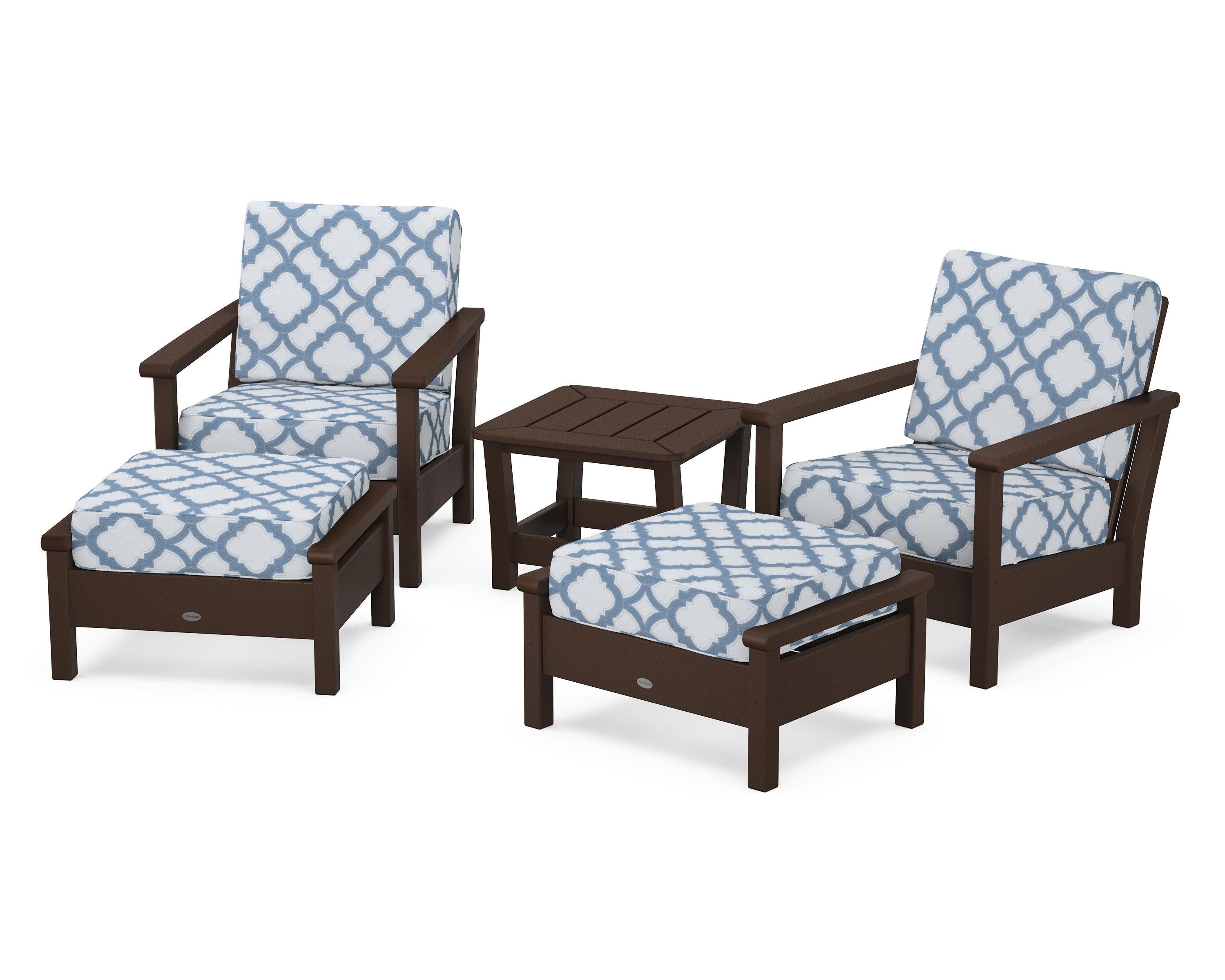 Harbour 5-Piece Deep Seating Chair Set in Mahogany / Trellis Sky Blue