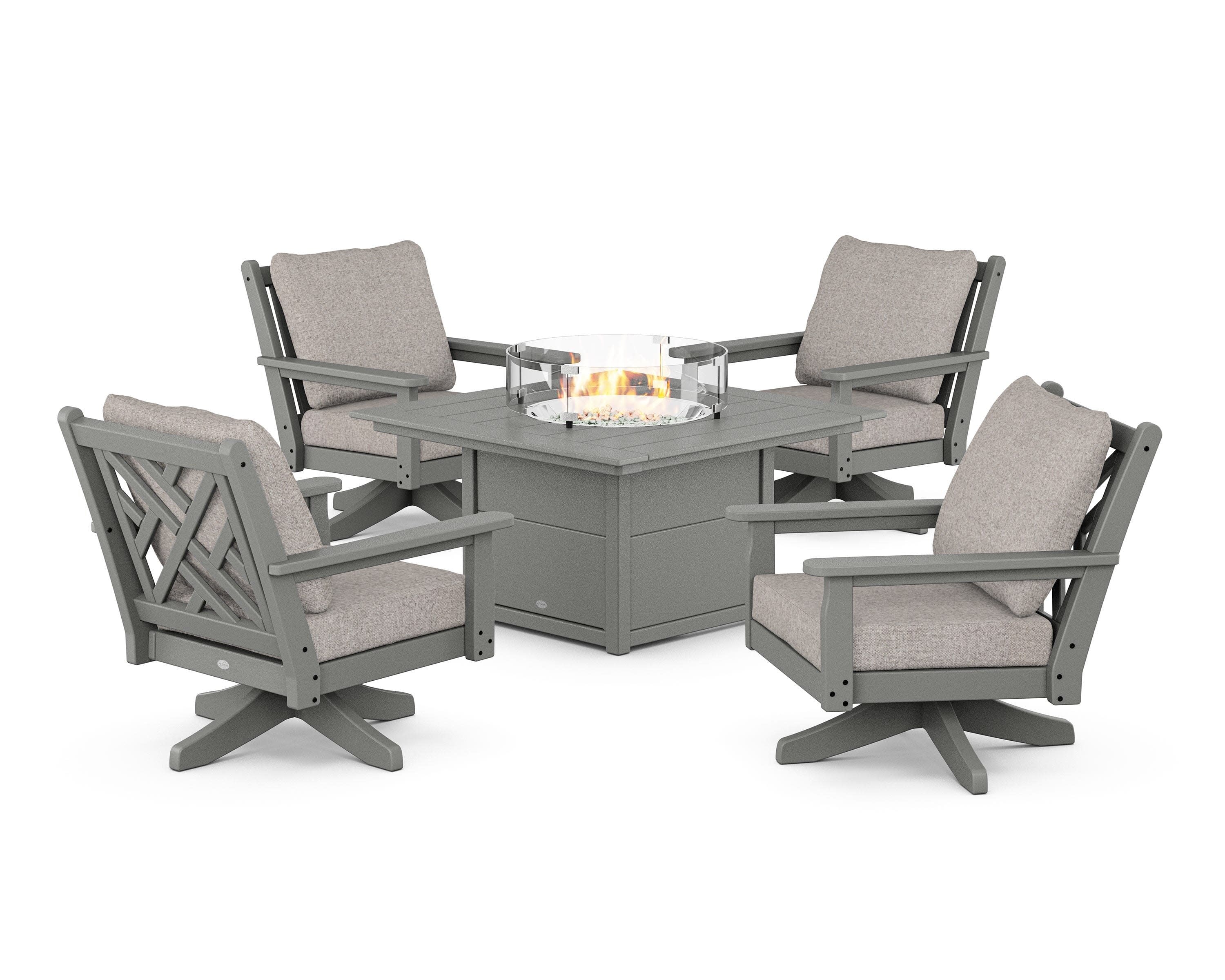 Chippendale 5-Piece Deep Seating Swivel Conversation Set with Fire Pit Table in Slate Grey / Weathered Tweed