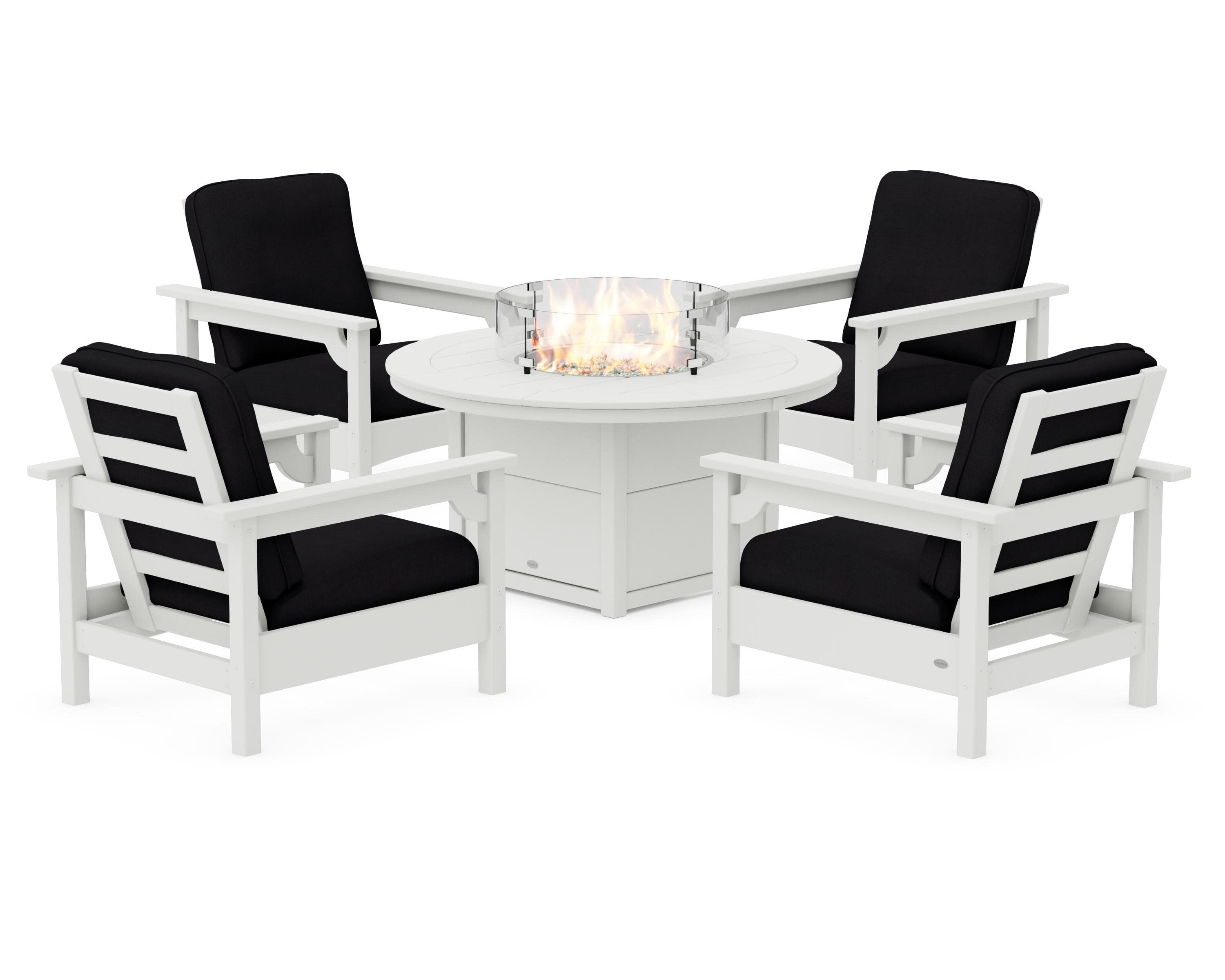 Club 5-Piece Conversation Set with Fire Pit Table in Vintage White / Midnight Linen