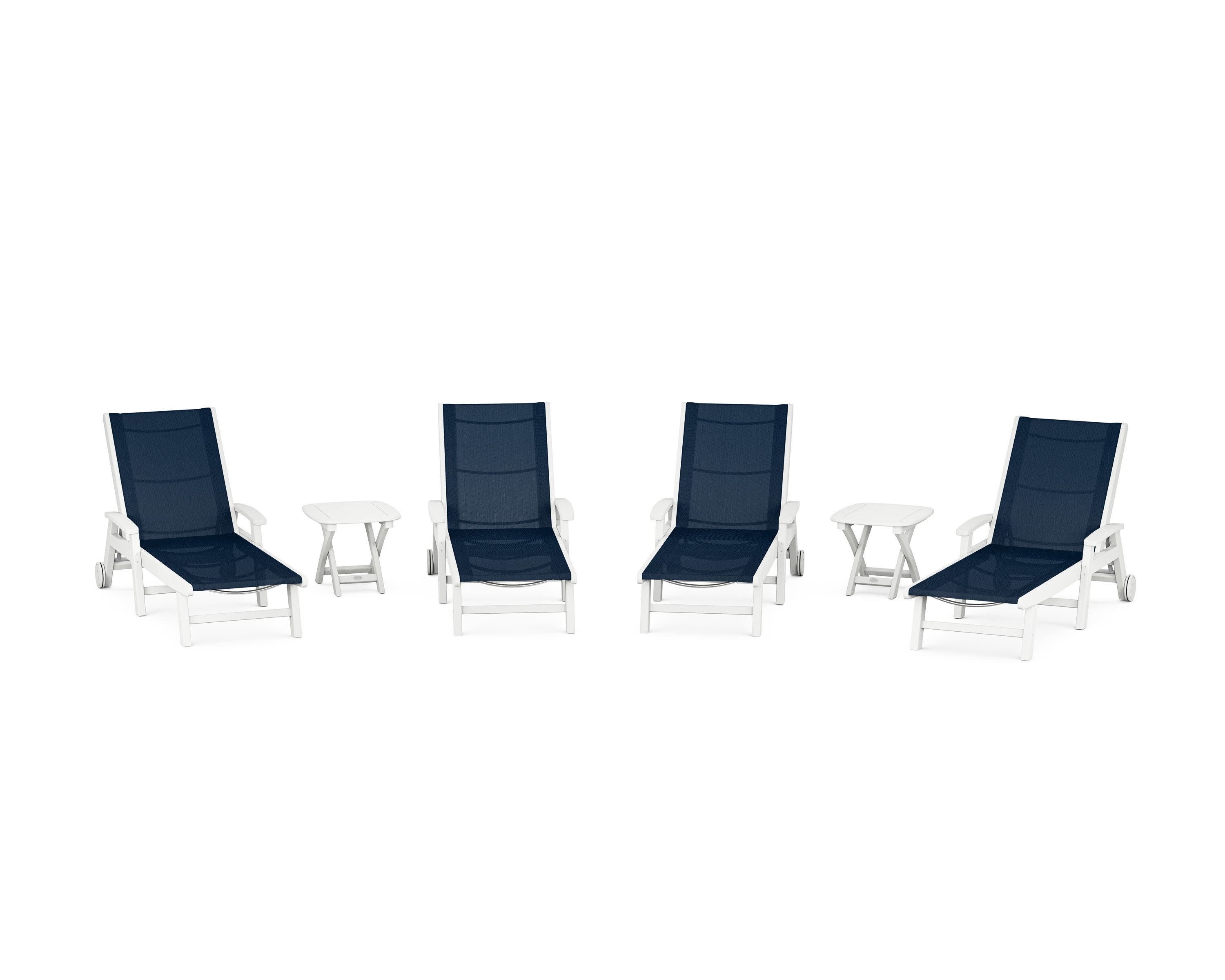 Coastal Chaise 6-Piece Set with Wheels in White / Navy Blue Sling