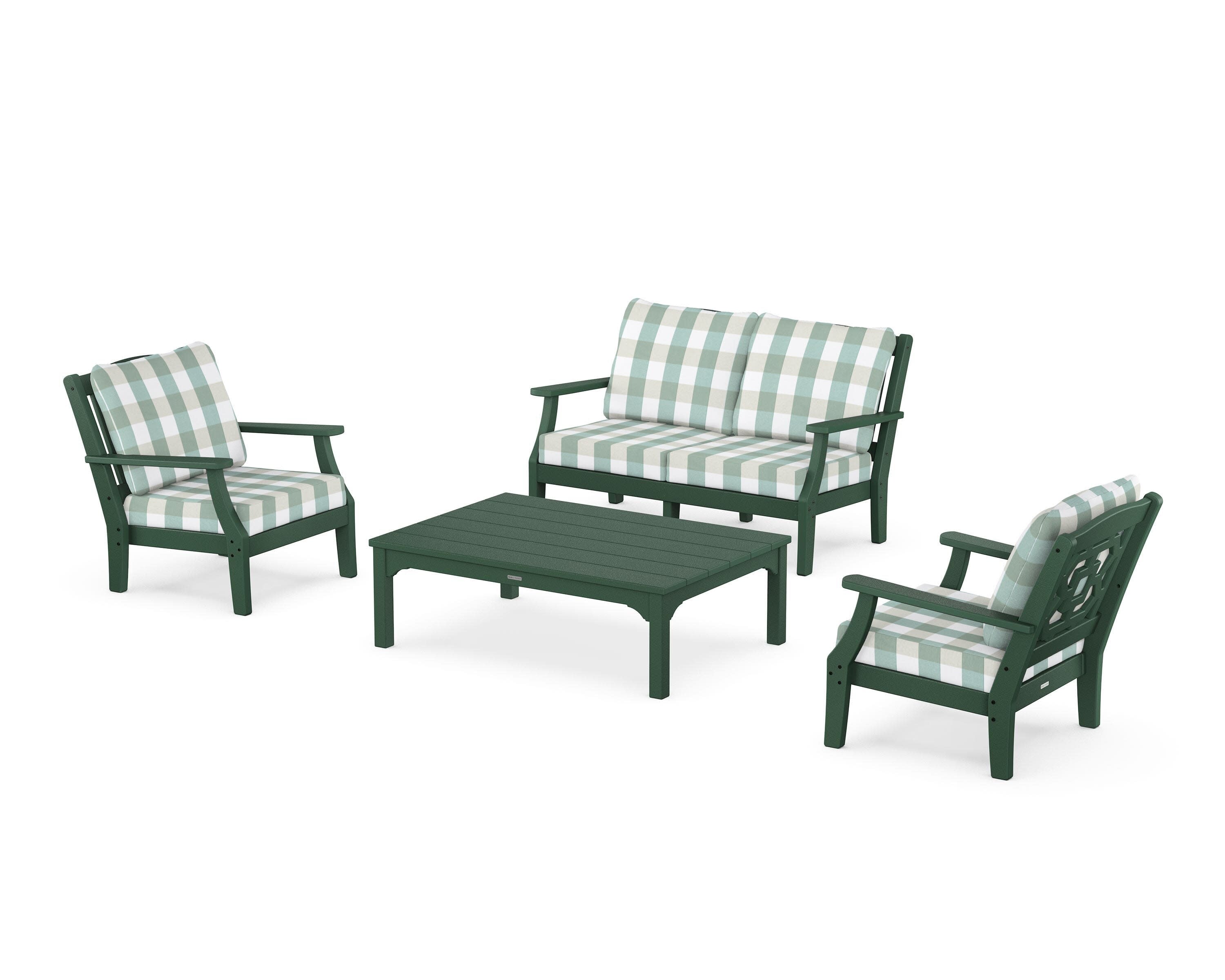 Chinoiserie 4-Piece Deep Seating Set with Loveseat in Green / Buffalo Plaid Glacier Spa
