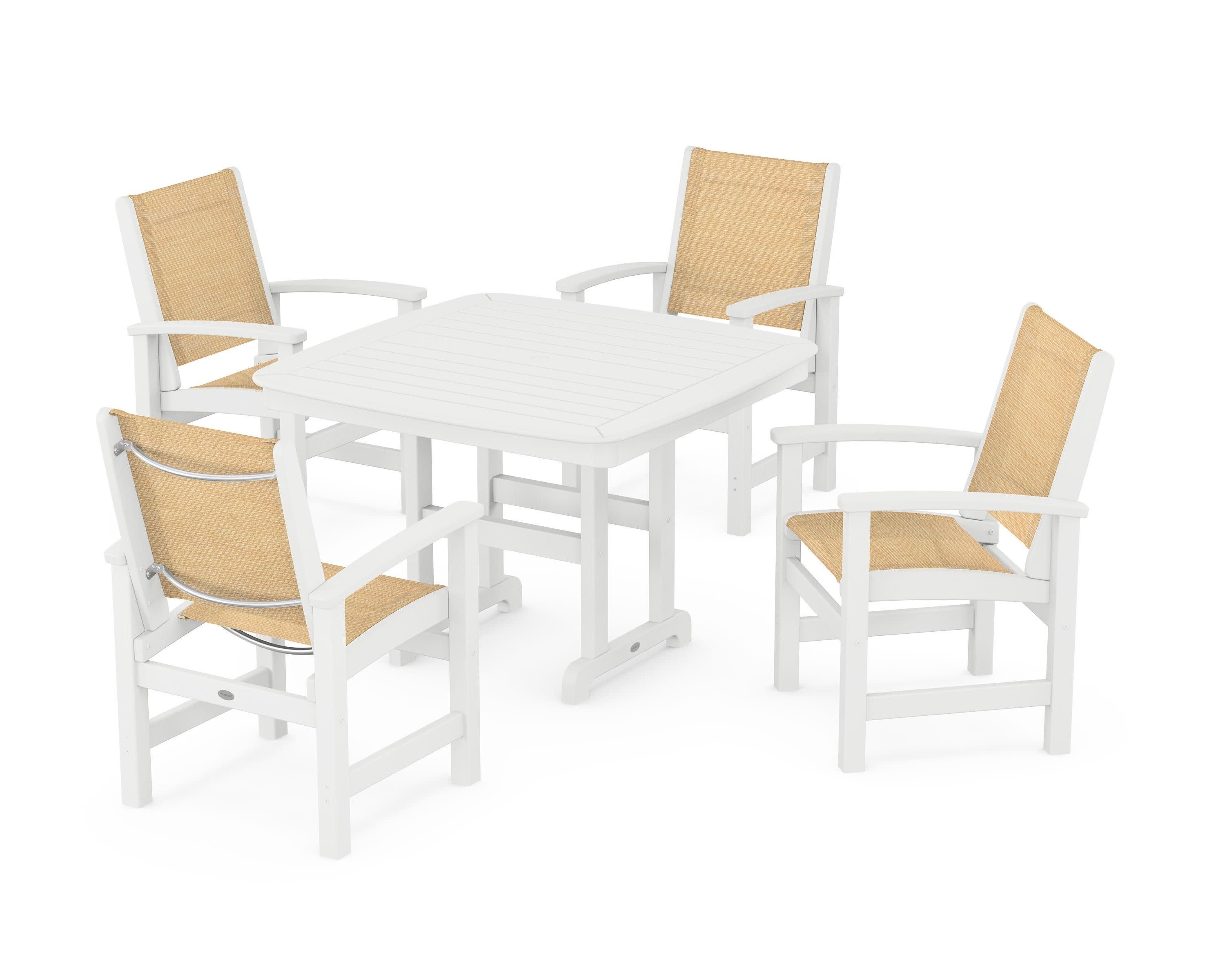 Coastal 5-Piece Dining Set in White / Dupioni Apricot Sling