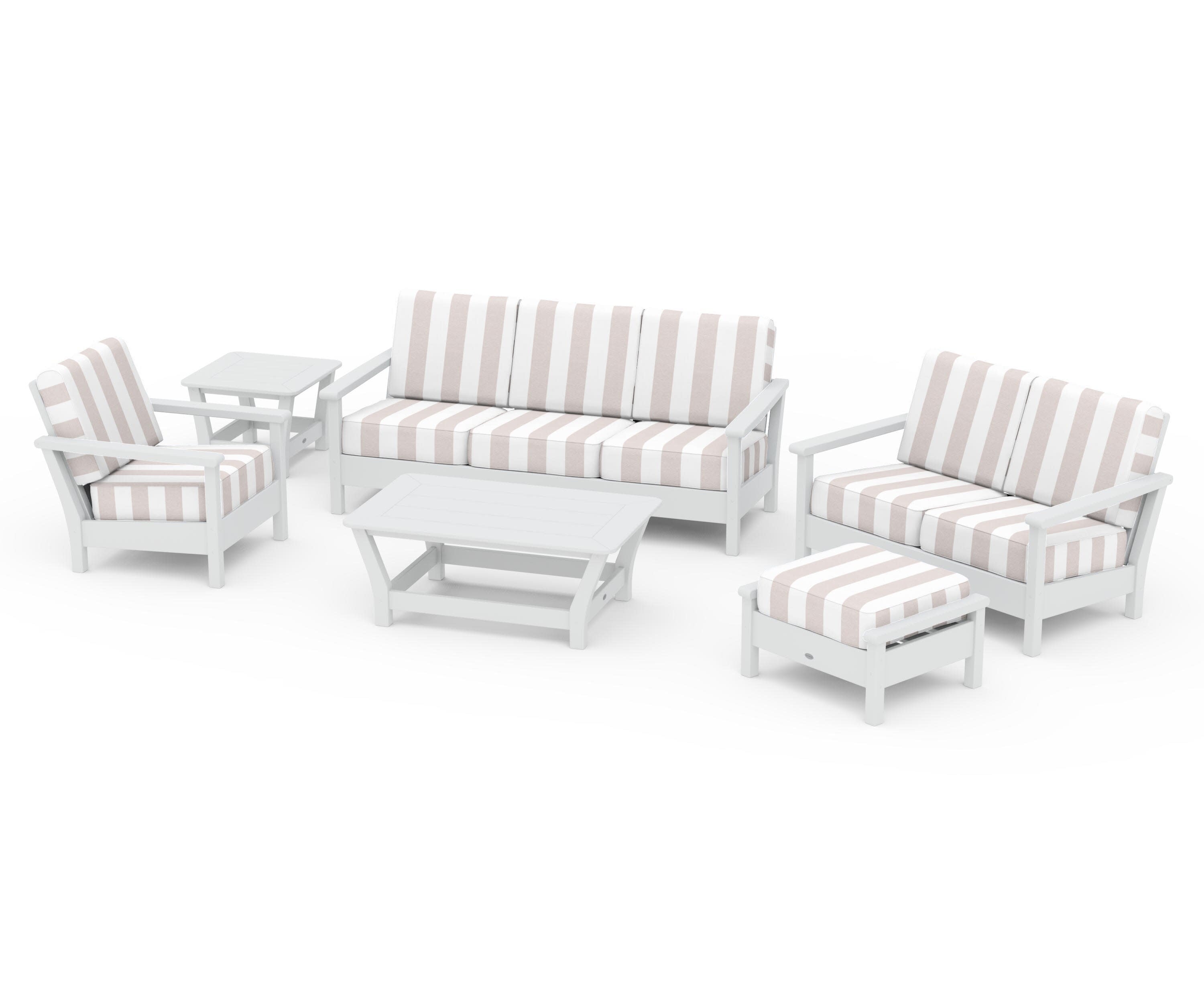 Harbour 6-Piece Outdoor Living Set in White / Cabana Stripe Dune Burlap
