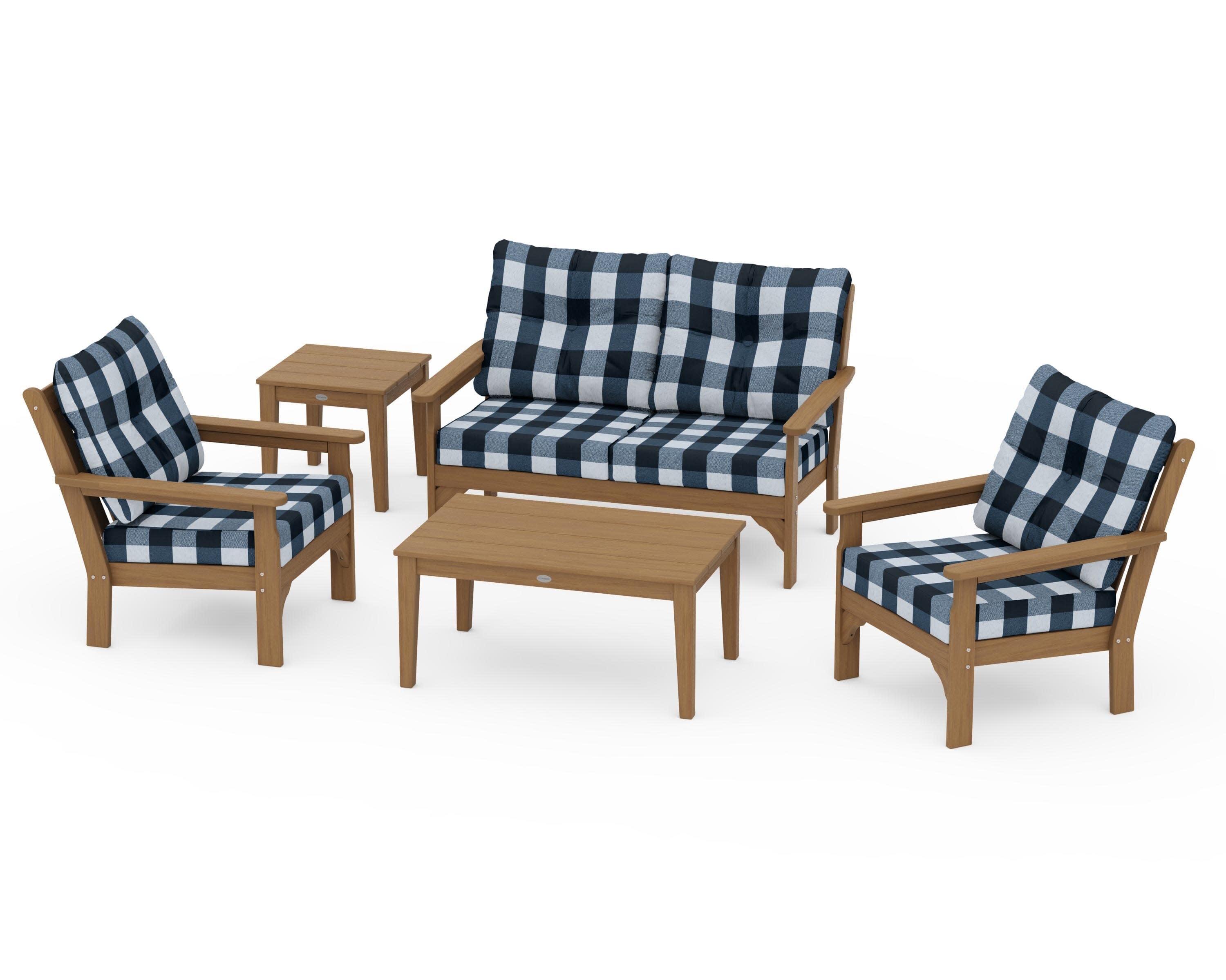 Vineyard 5-Piece Deep Seating Set in Natural / Buffalo Plaid Marine Indigo