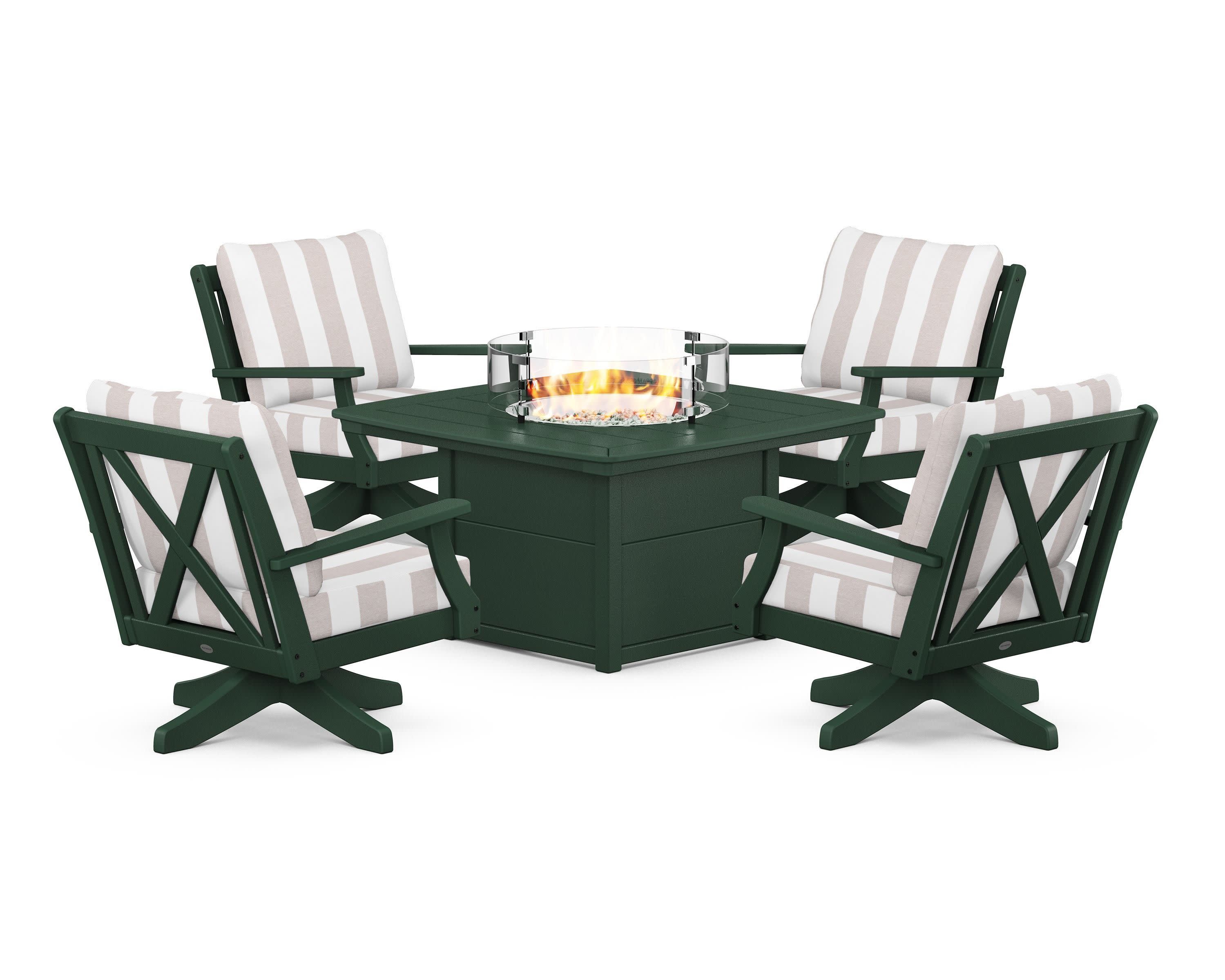 Braxton 5-Piece Deep Seating Swivel Conversation Set with Fire Pit Table in Green / Cabana Stripe Dune Burlap