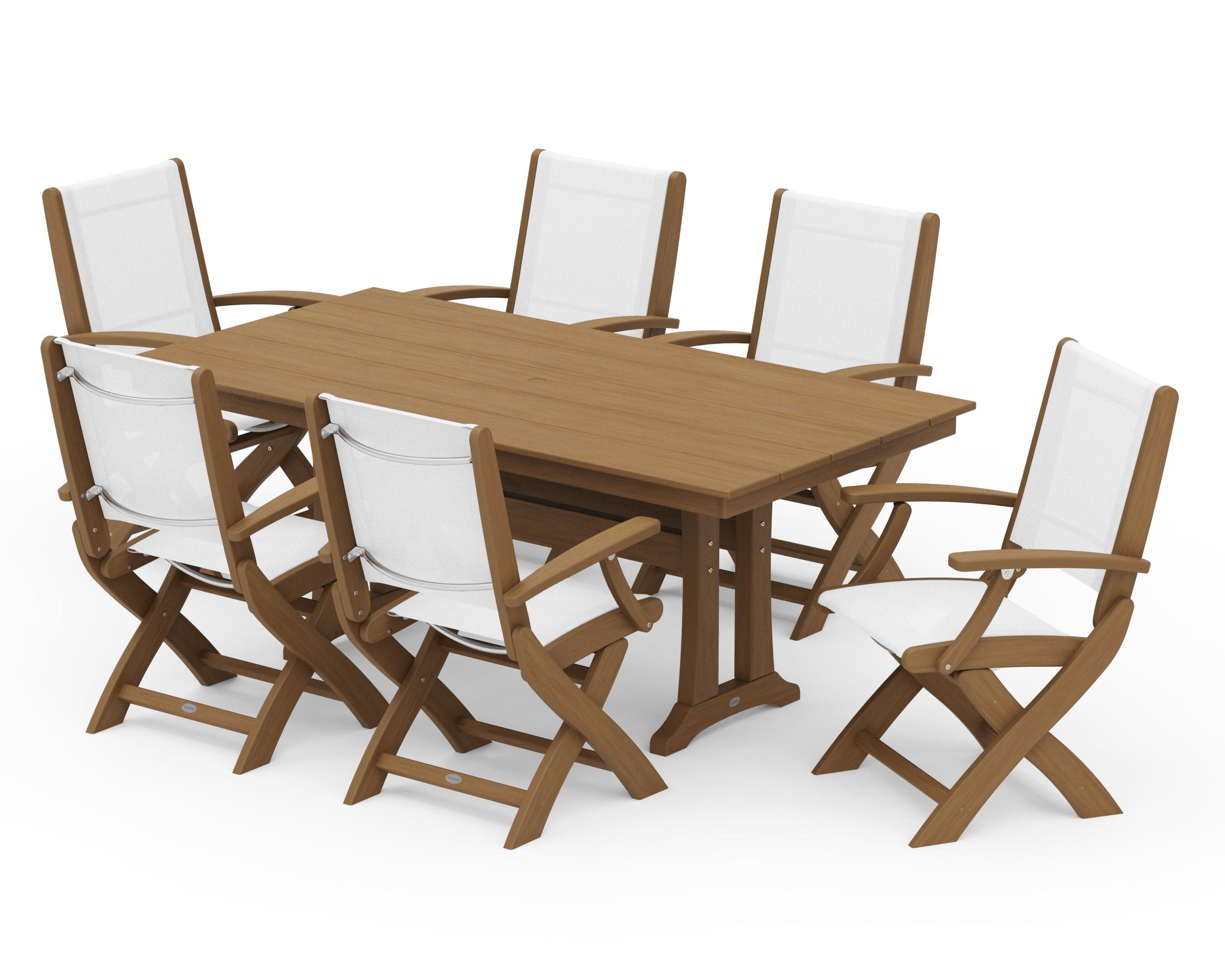 Coastal Folding Arm Chair 7-Piece Farmhouse Dining Set with Trestle Legs in Natural / White Sling