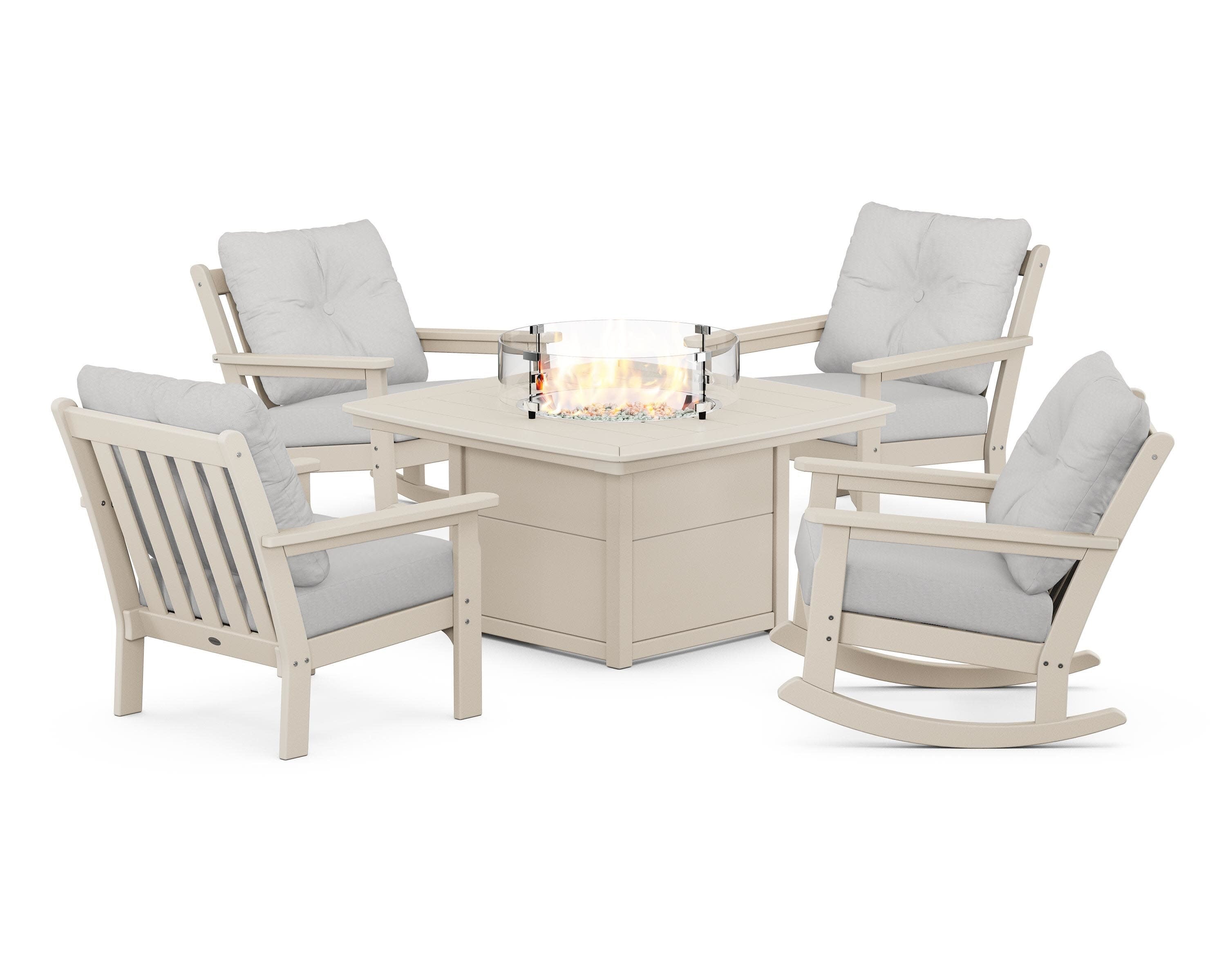Vineyard 5-Piece Deep Seating Rocking Chair Conversation Set with Fire Pit Table in Sand / Diamond in the Rough