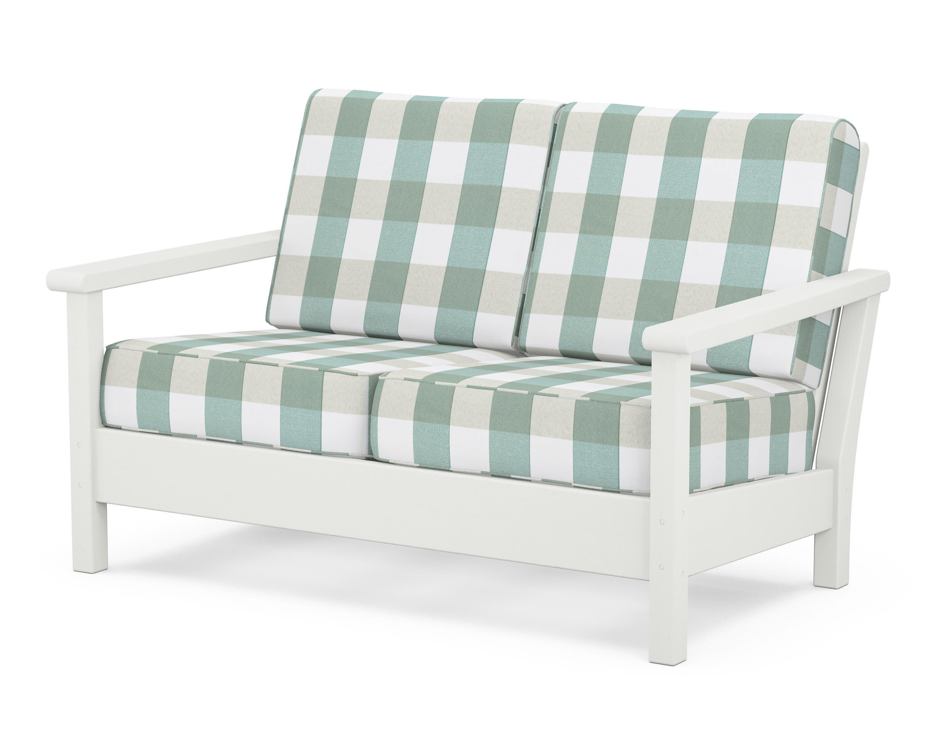 Harbour Deep Seating Loveseat in Vintage White / Buffalo Plaid Glacier Spa