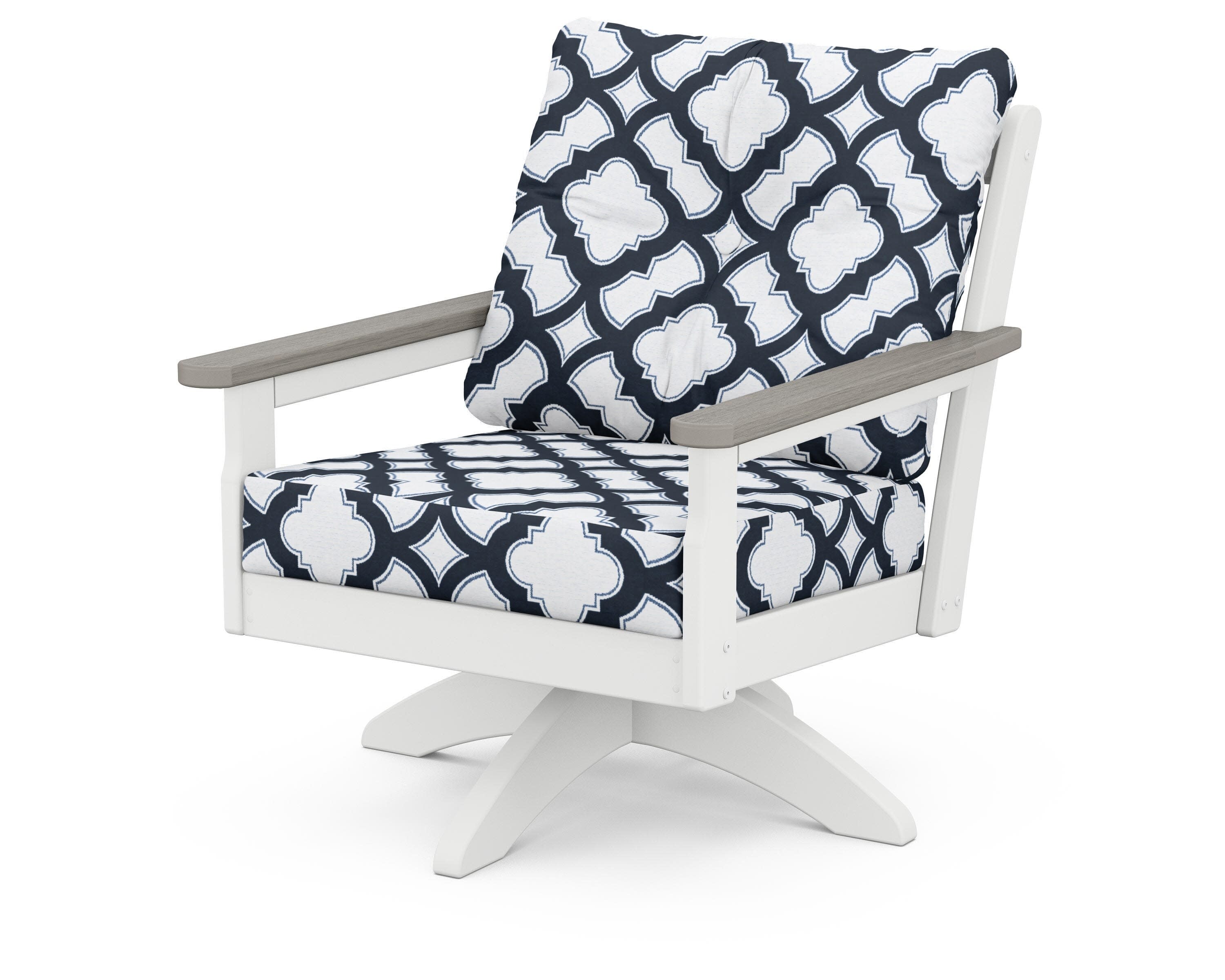 Vineyard Deep Seating Swivel Chair in White / Driftwood / Trellis Marine Indigo