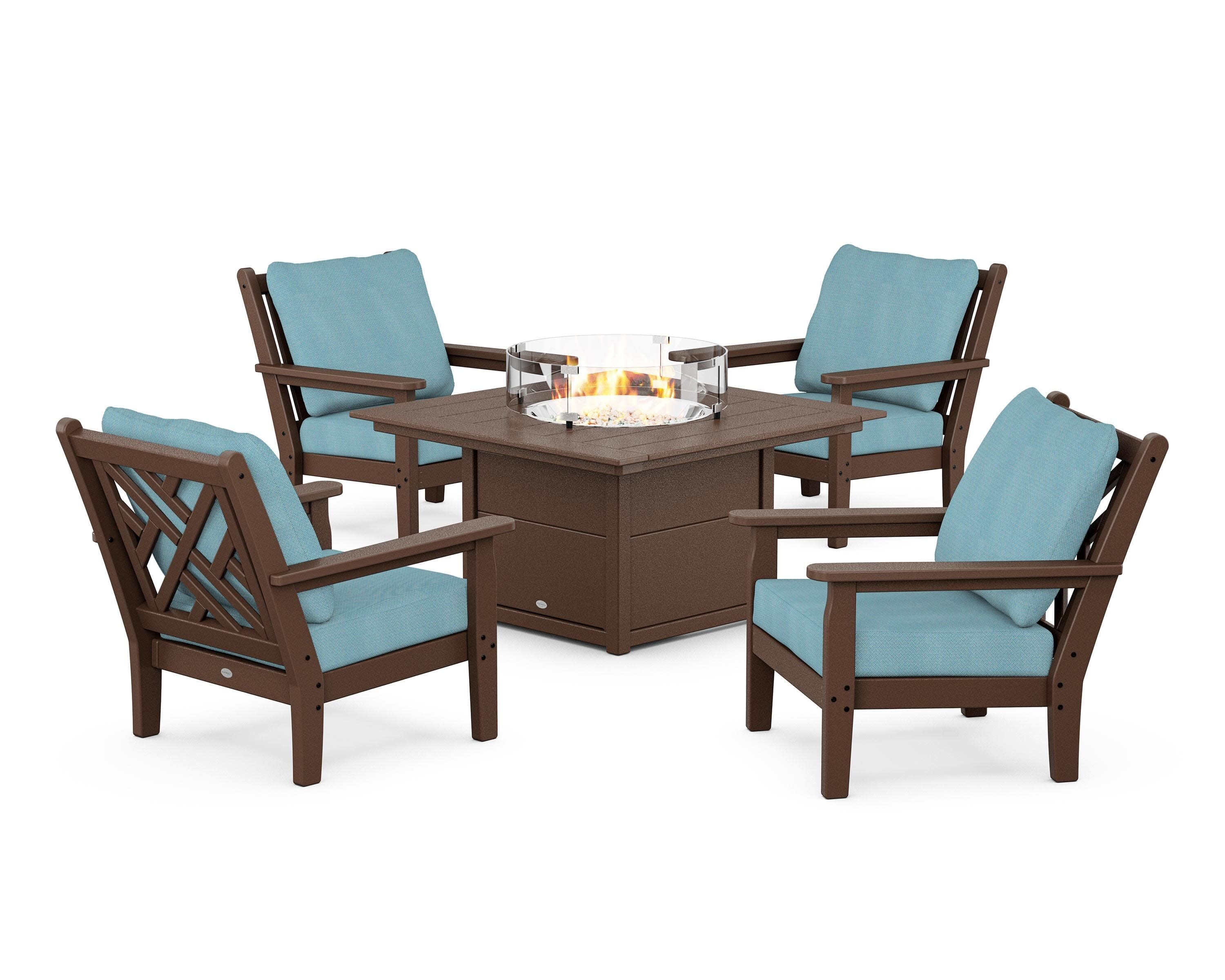 Chippendale 5-Piece Deep Seating Set with Fire Pit Table in Mahogany / Lattice Sky Blue