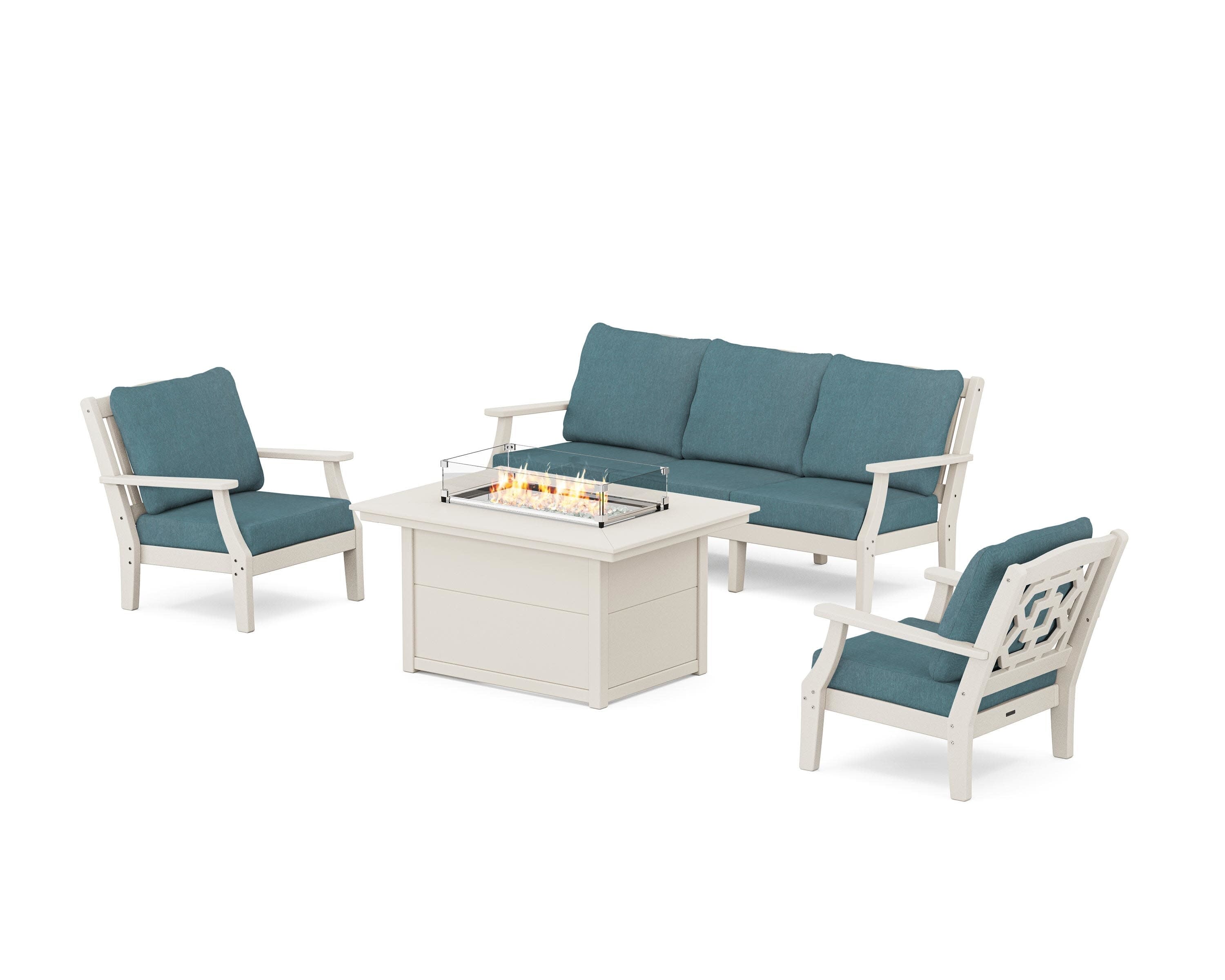 Chinoiserie Deep Seating Fire Pit Table Set in Sand / Ocean Teal