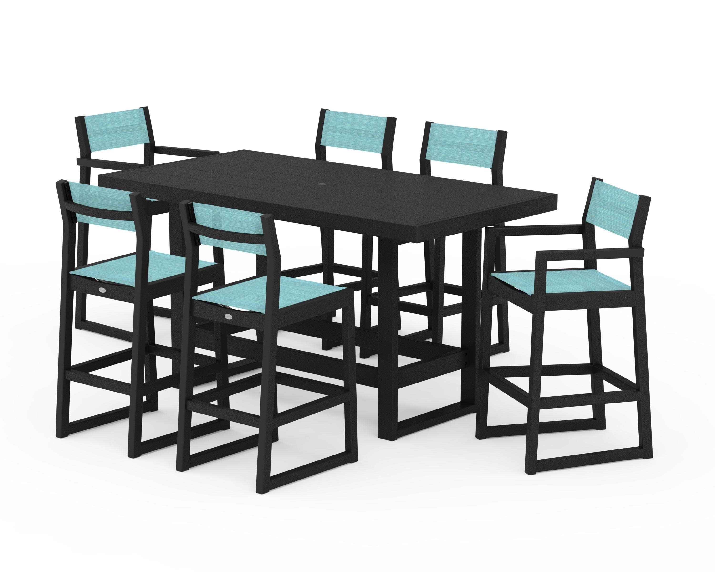 EDGE Sling 7-Piece Bar Table Set in Black / Dupioni Aquamarine Sling