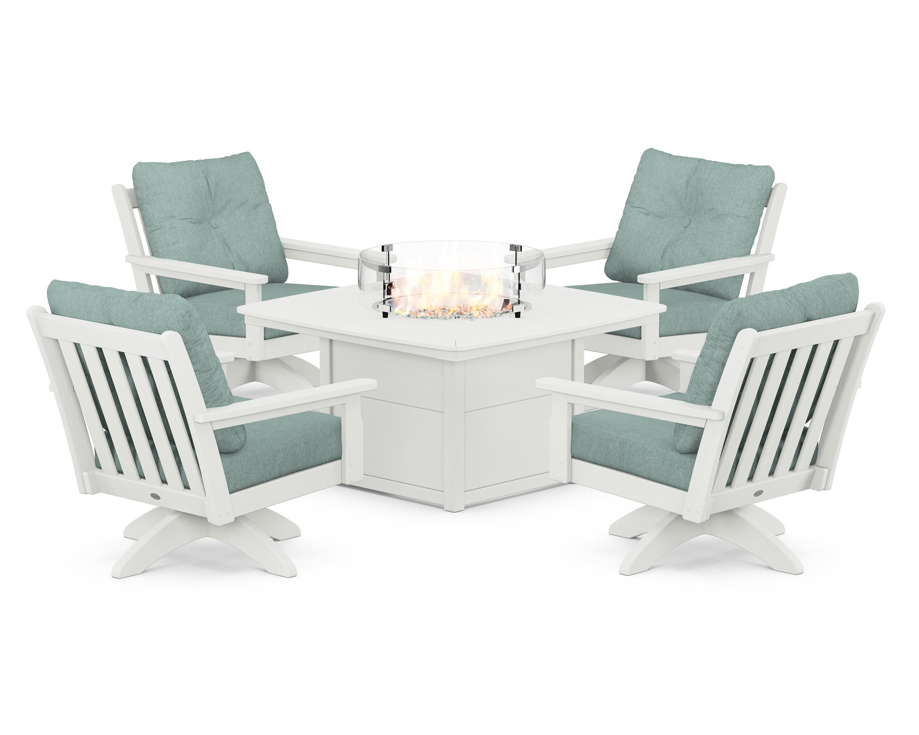 Vineyard 5-Piece Deep Seating Swivel Conversation Set with Fire Pit Table in Vintage White / Glacier Spa
