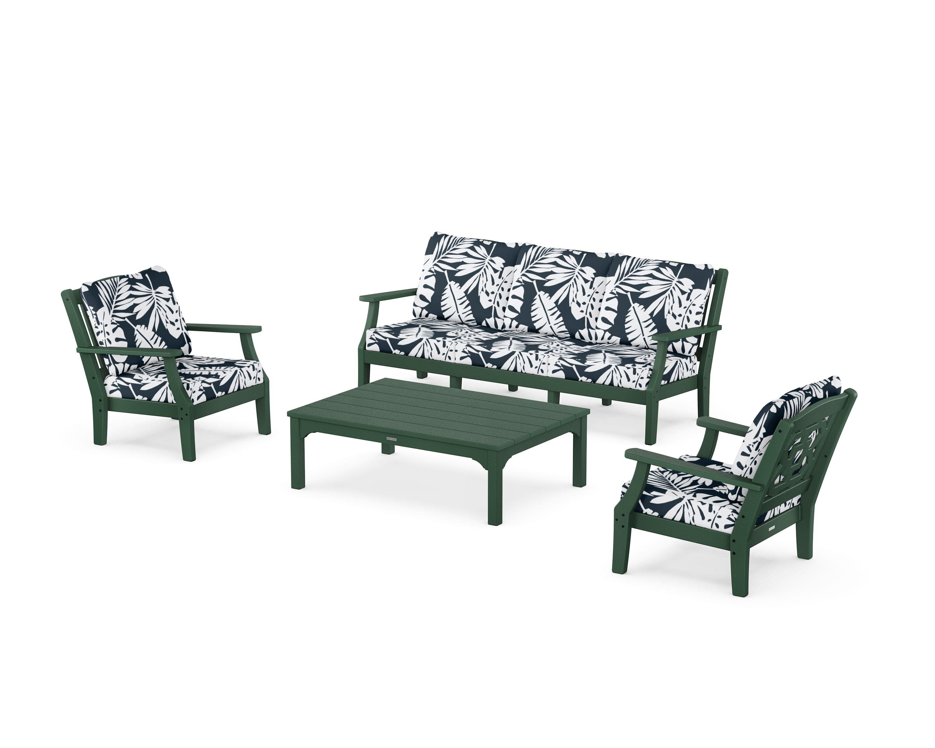 Chinoiserie 4-Piece Deep Seating Set with Sofa in Green / Leaf Marine Indigo
