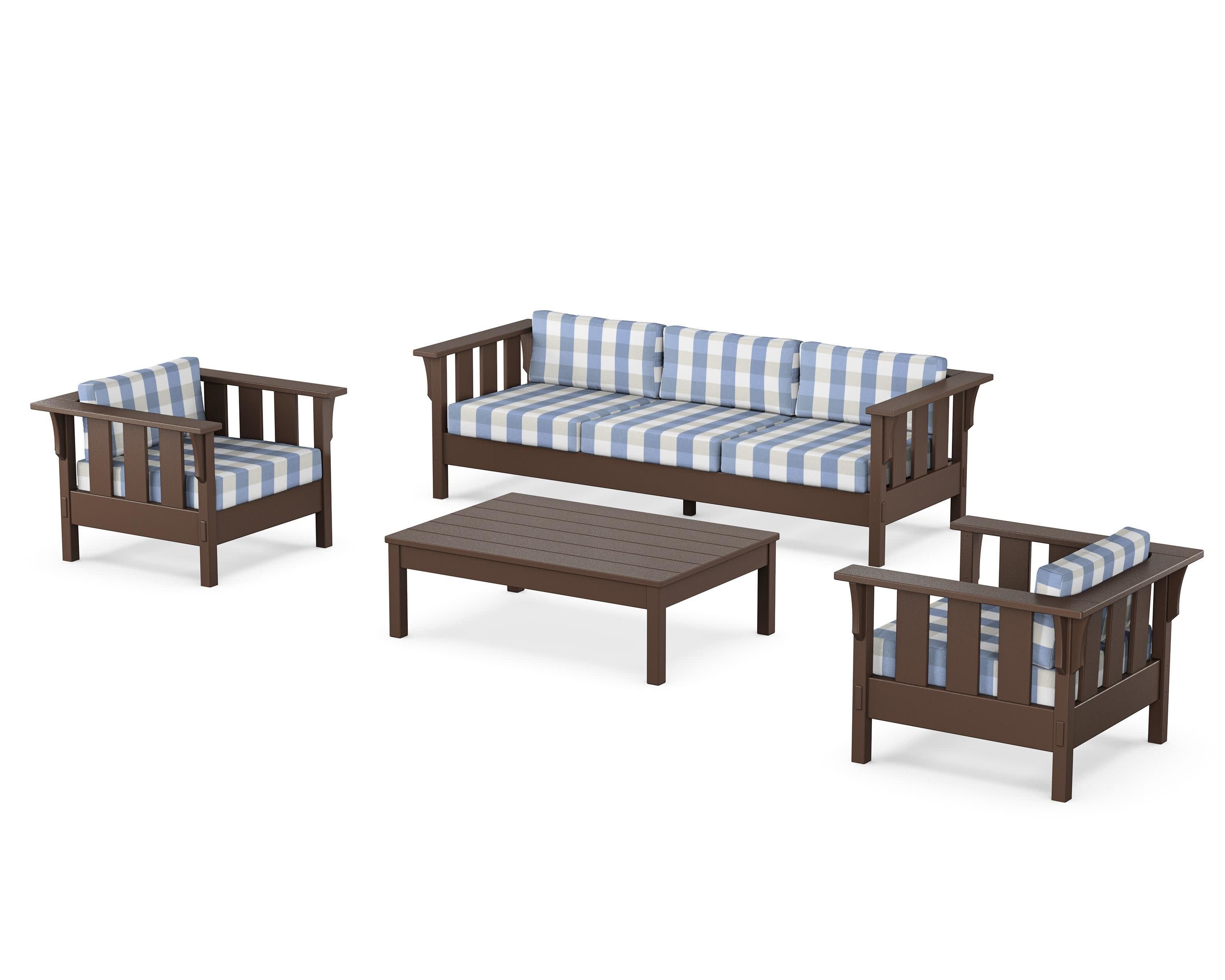 Acadia 4-Piece Deep Seating Set with Sofa in Mahogany / Buffalo Plaid Sky Blue