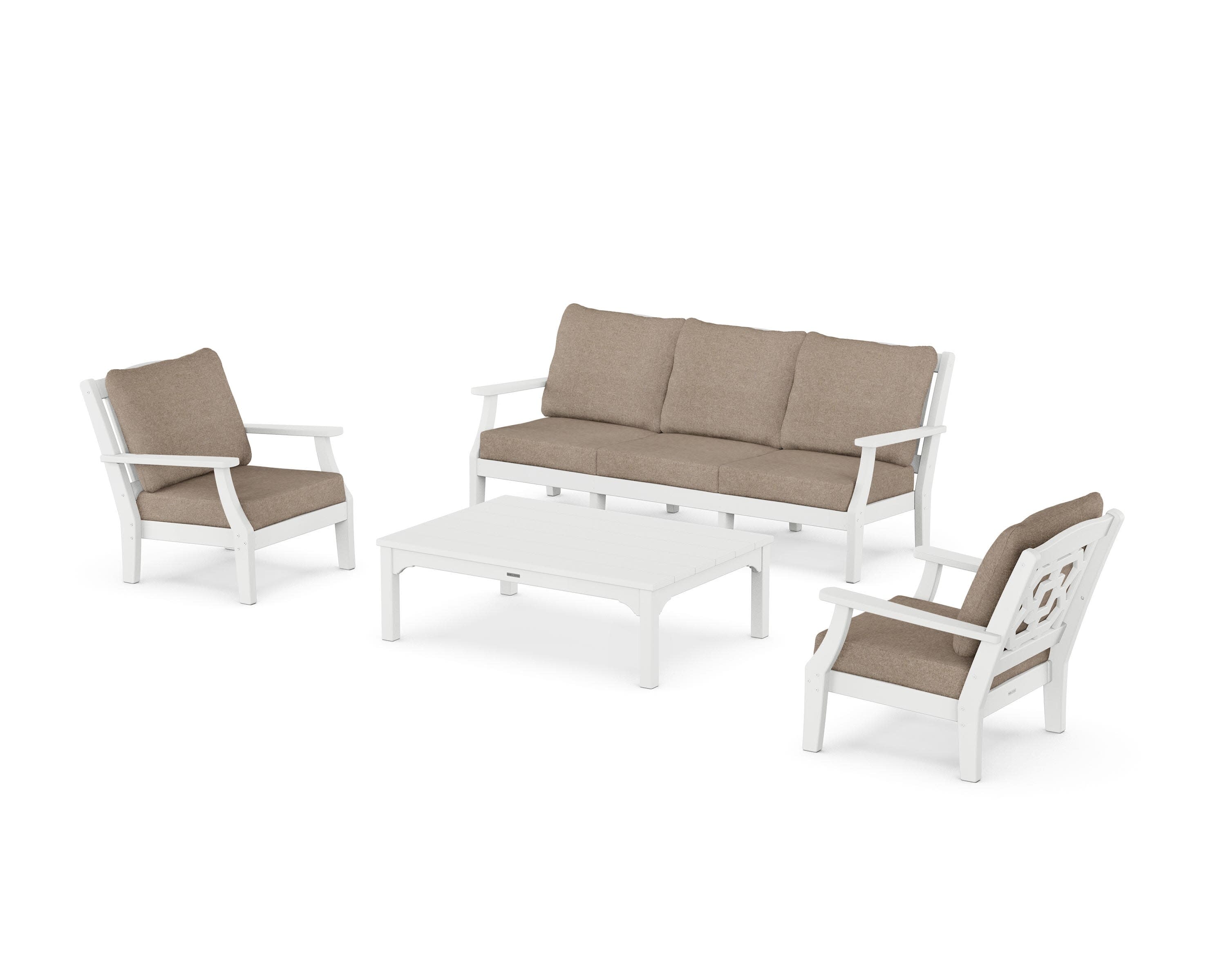 Chinoiserie 4-Piece Deep Seating Set with Sofa in White / Spiced Burlap