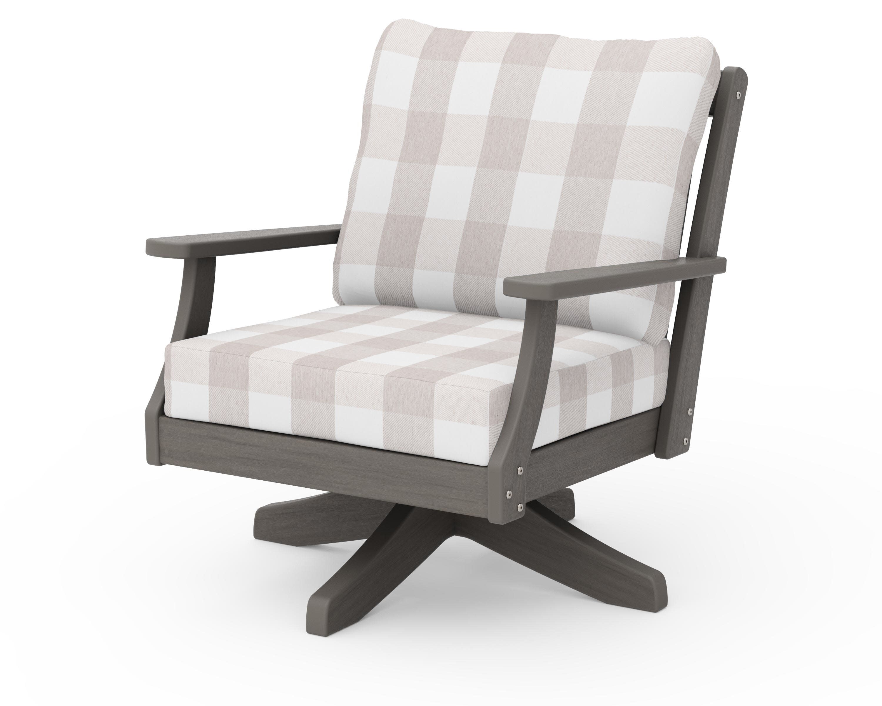 Braxton Deep Seating Swivel Chair in Driftwood / Buffalo Plaid Dune Burlap
