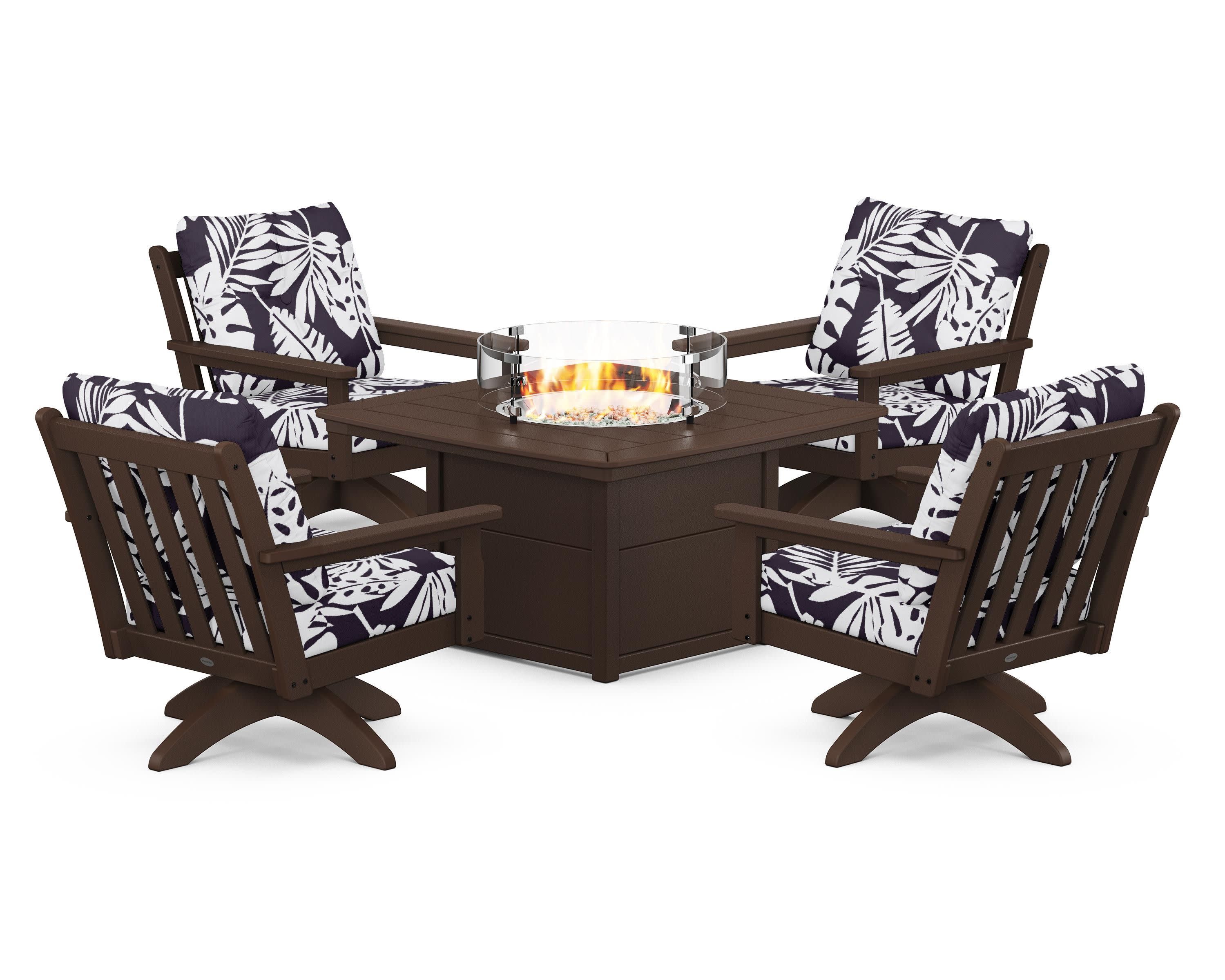 Vineyard 5-Piece Deep Seating Swivel Conversation Set with Fire Pit Table in Mahogany / Leaf Navy
