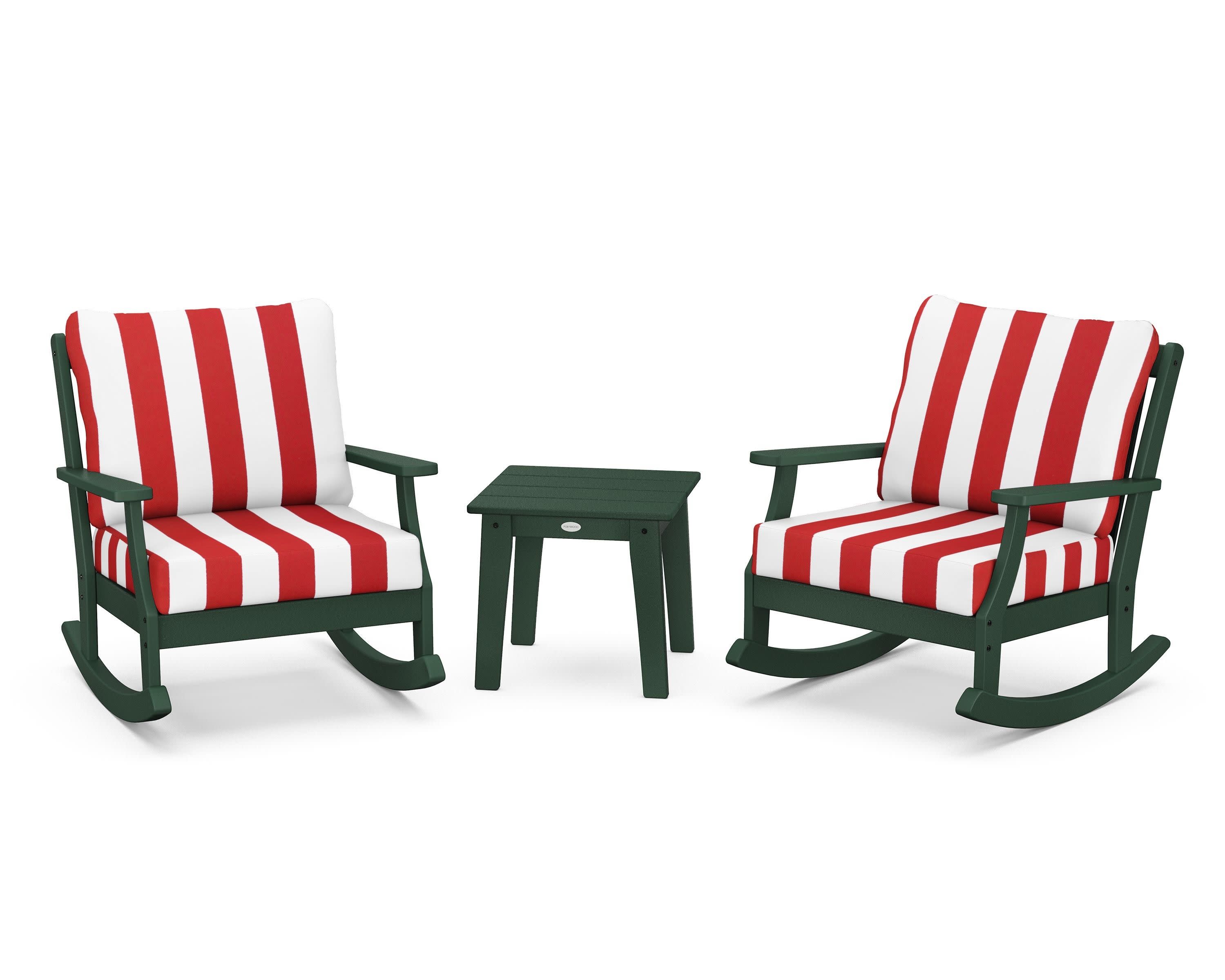 Braxton 3-Piece Deep Seating Rocker Set in Green / Cabana Stripe Crimson