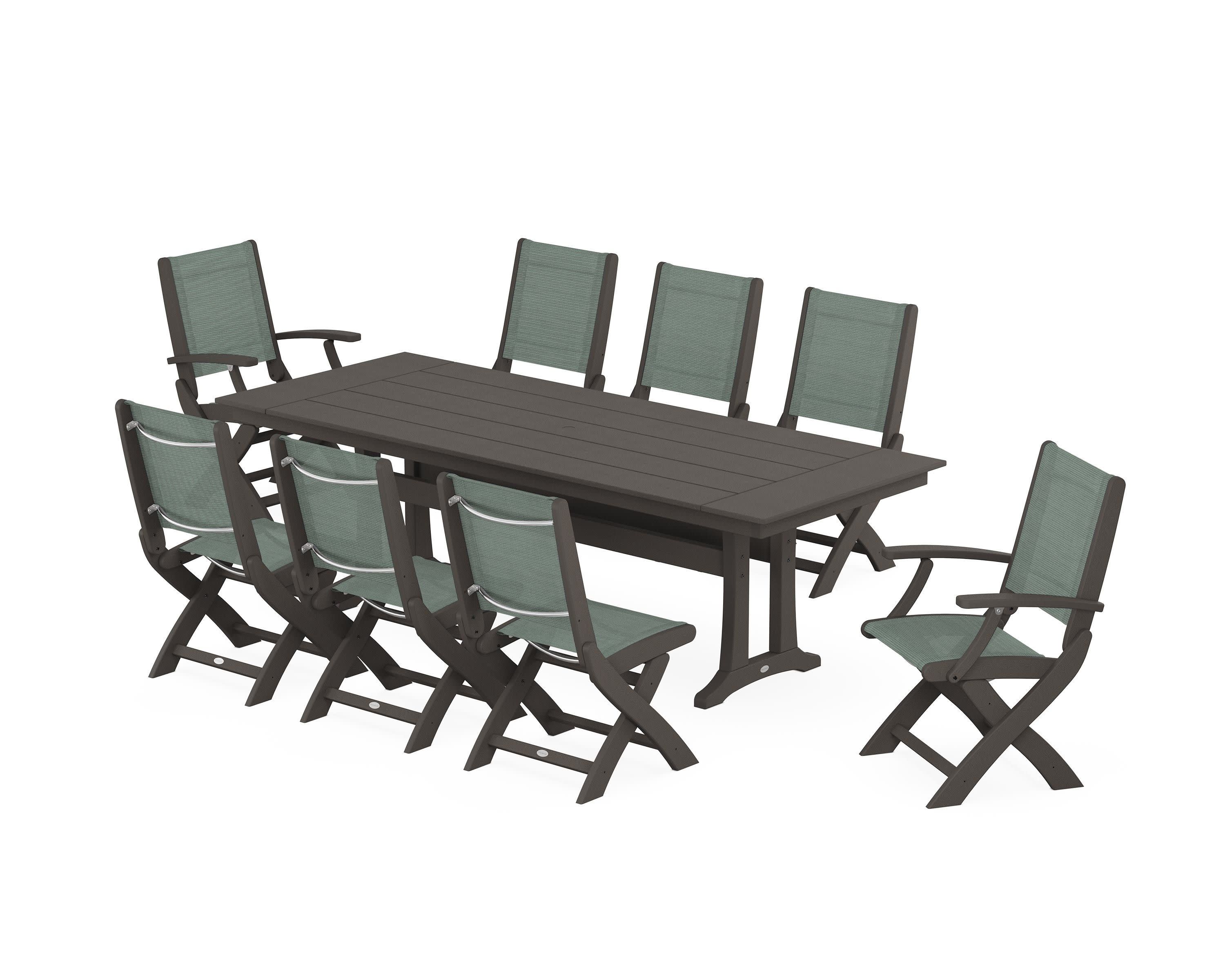 Coastal 9-Piece Folding Dining Chair Farmhouse Dining Set with Trestle Legs in Vintage Coffee / Dupioni Sea Mist Sling