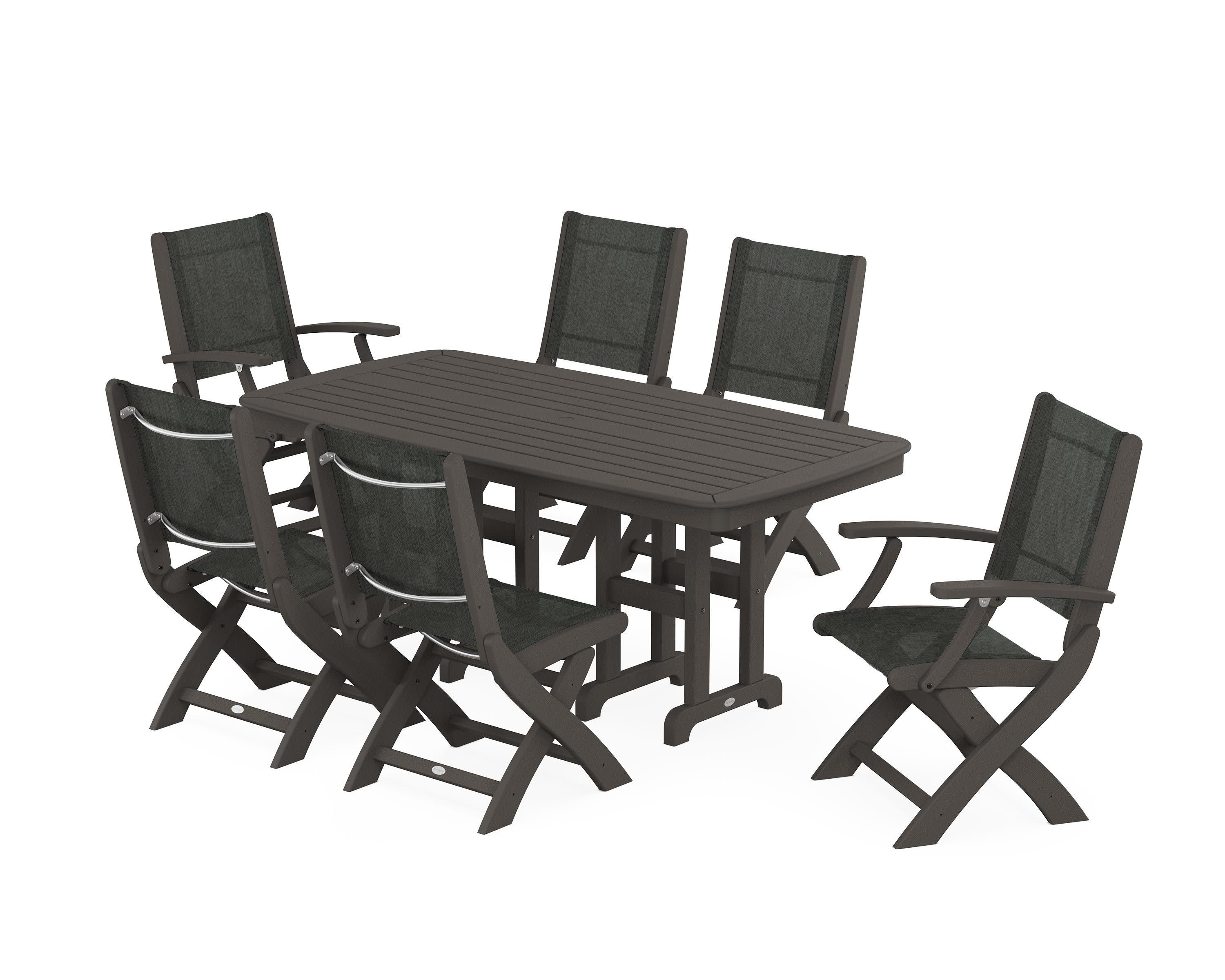Coastal Folding Chair 7-Piece Dining Set in Vintage Coffee / Ember Sling