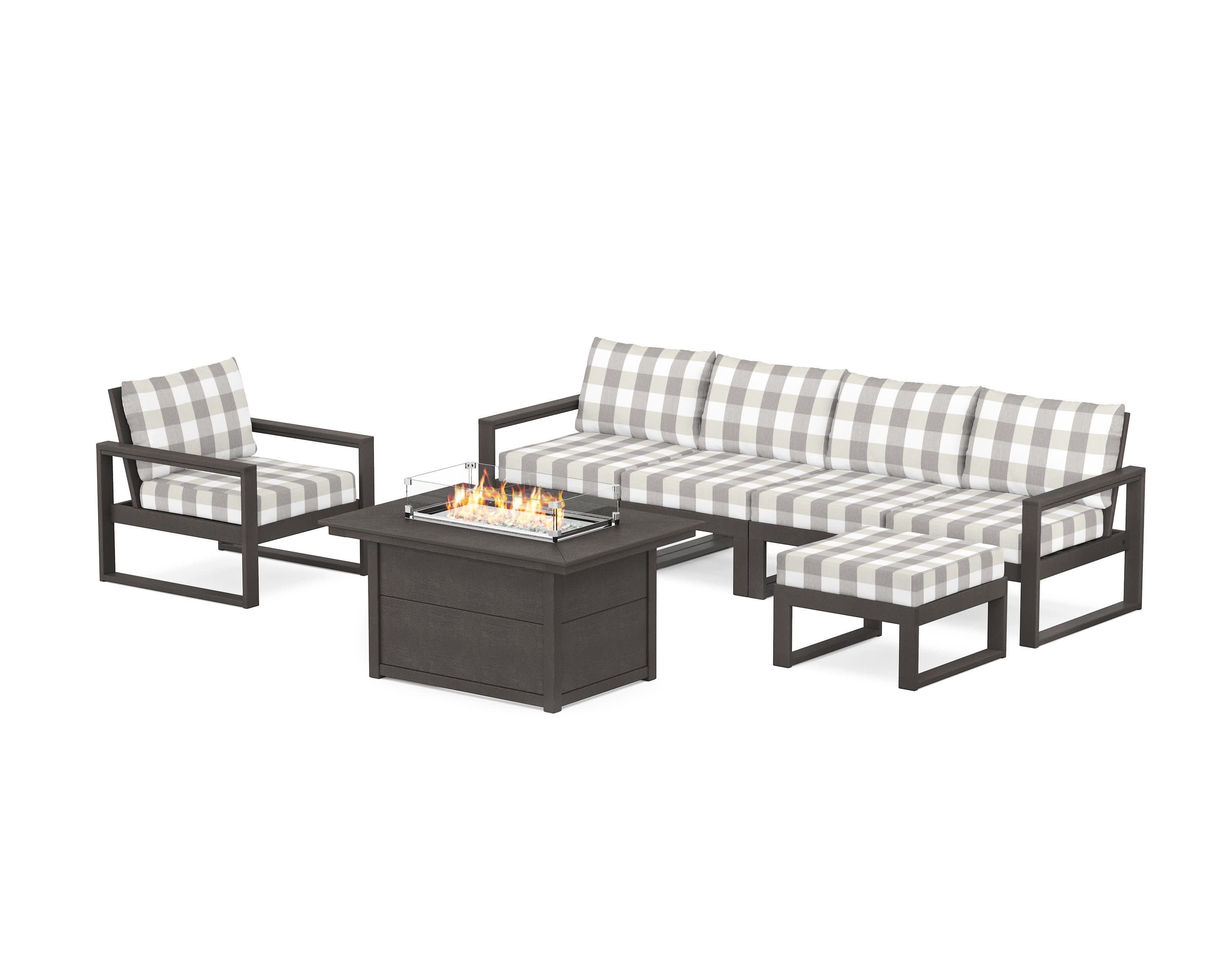 EDGE Sectional Lounge and Fire Pit Set in Vintage Coffee / Buffalo Plaid Grey Mist