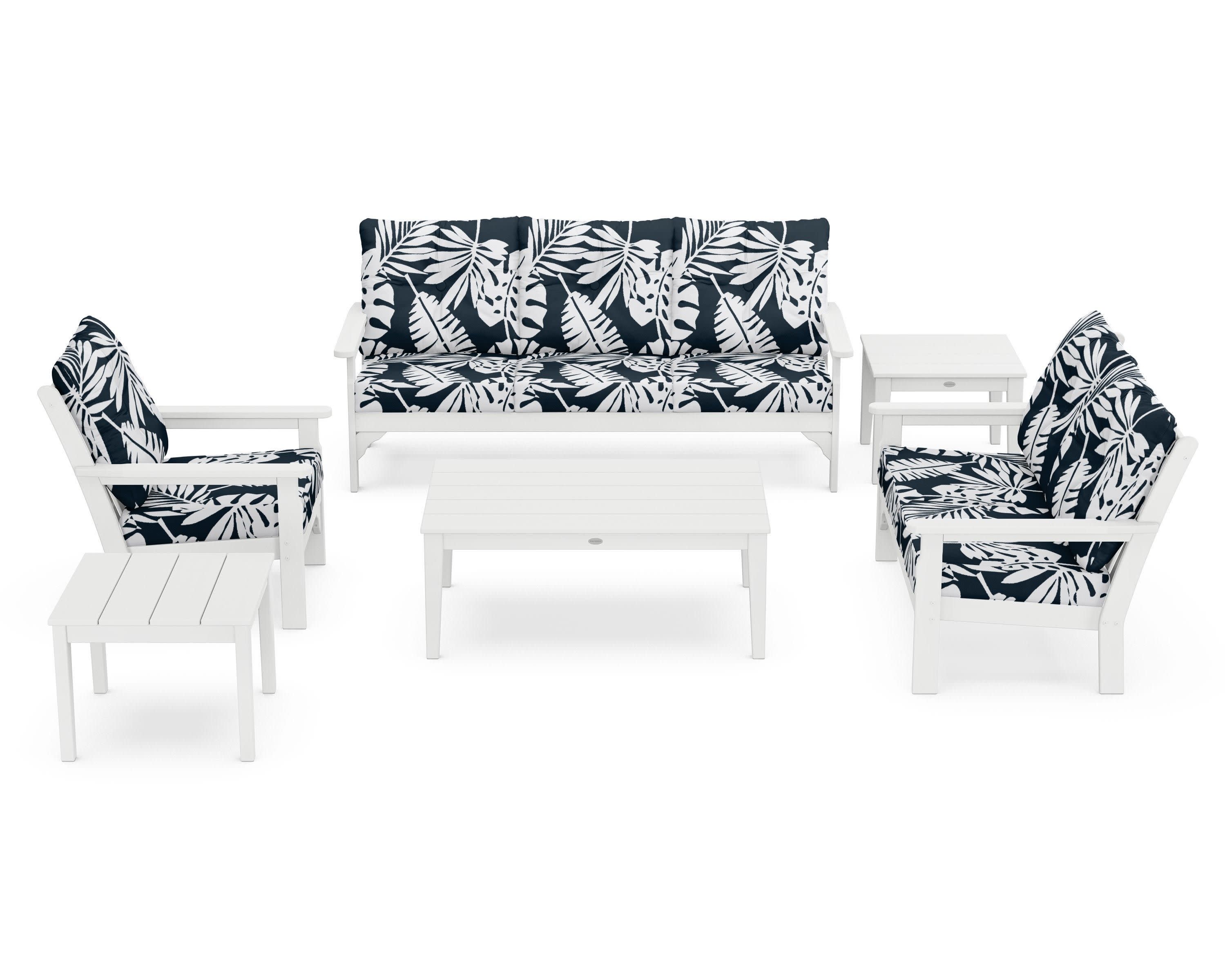 Vineyard 6-Piece Deep Seating Set in White / Leaf Marine Indigo