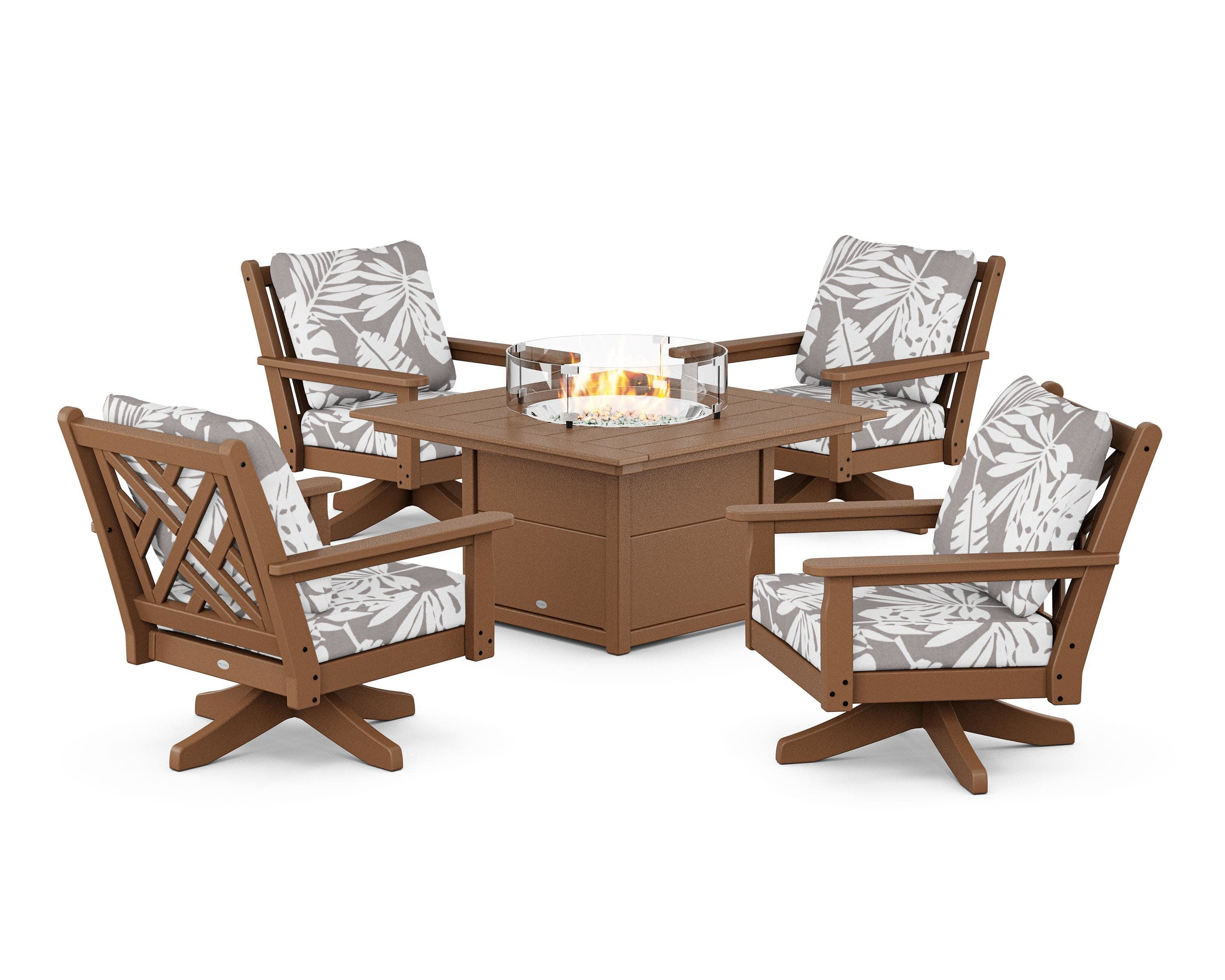 Chippendale 5-Piece Deep Seating Swivel Conversation Set with Fire Pit Table in Teak / Leaf Grey Mist