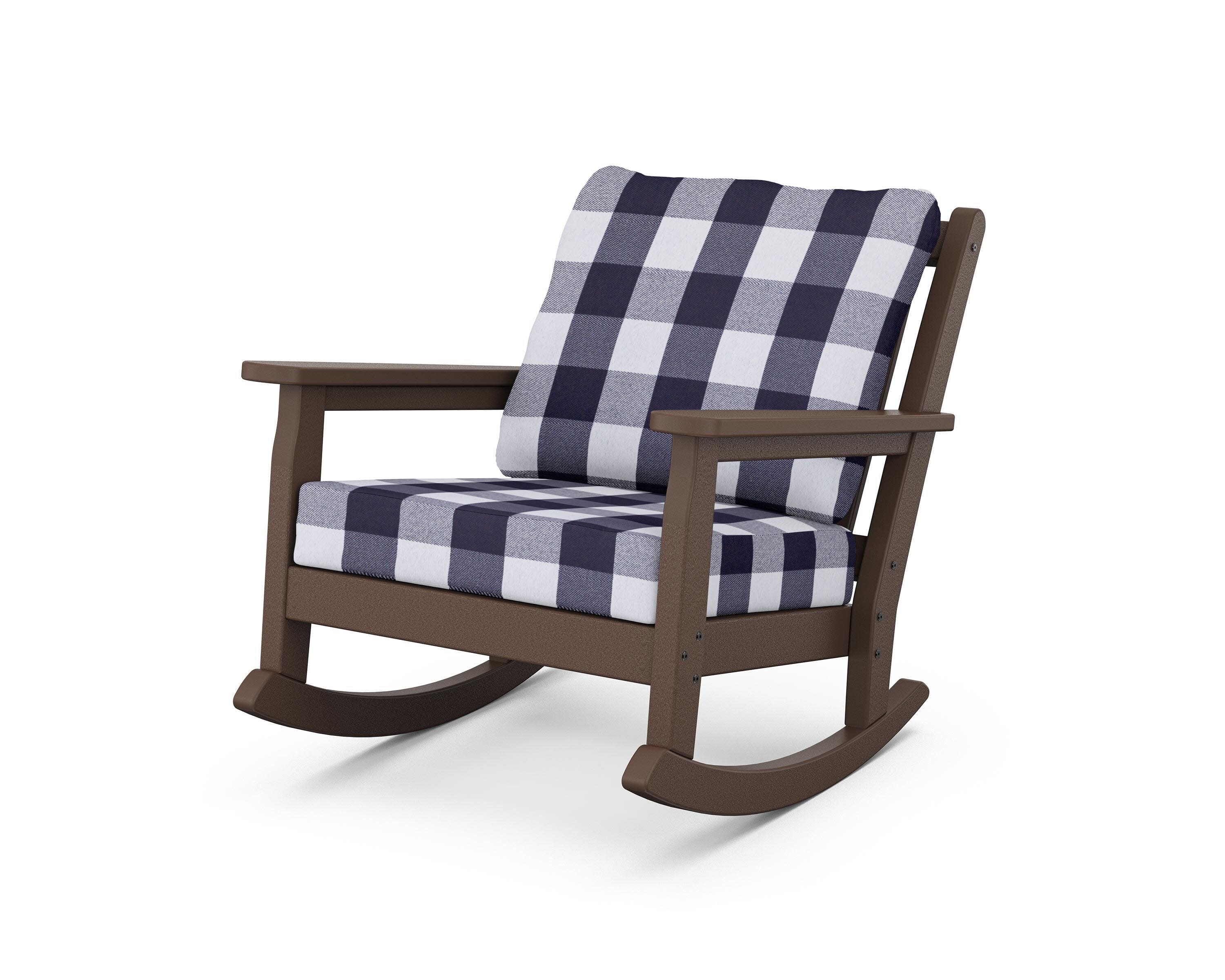 Chippendale Deep Seating Rocking Chair in Mahogany / Buffalo Plaid Navy