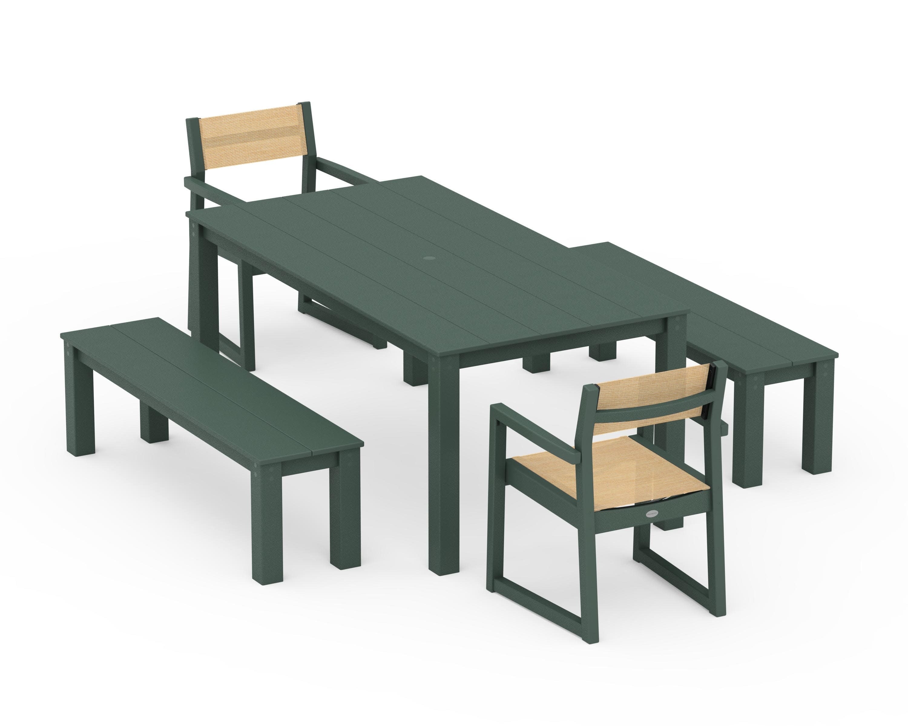 EDGE Sling Arm Chair 5-Piece Parsons Dining Set with Benches in Green / Dupioni Apricot Sling