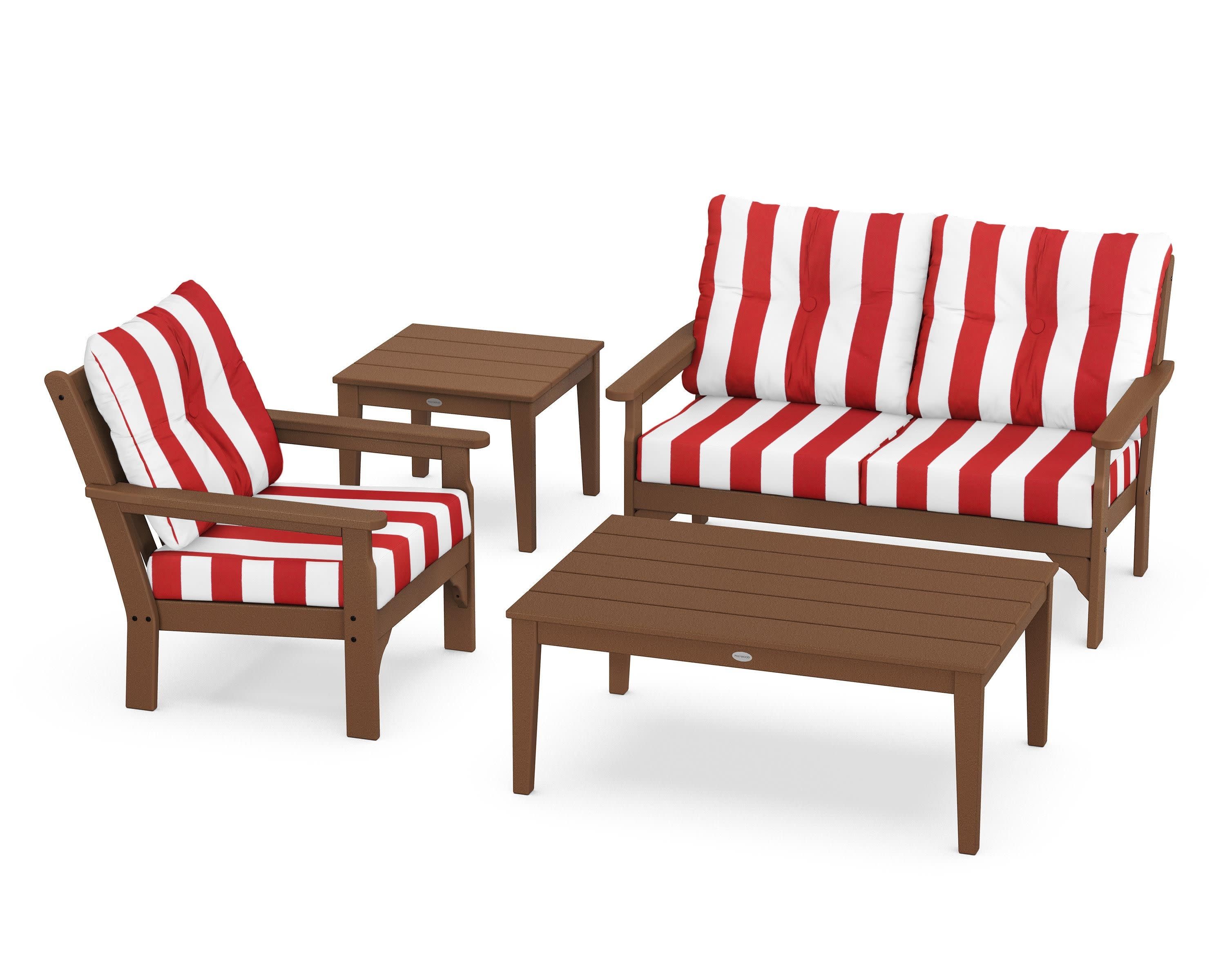 Vineyard 4-Piece Deep Seating Set in Teak / Cabana Stripe Crimson