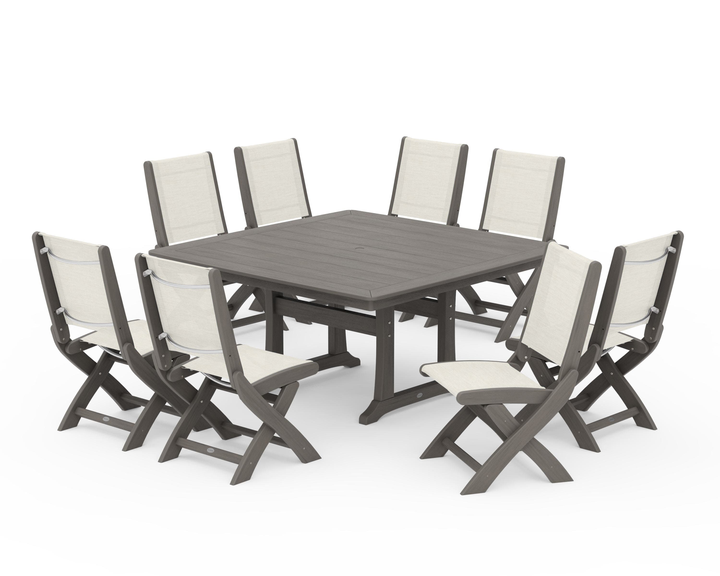 Coastal Folding Side Chair 9-Piece Dining Set with Trestle Legs in Driftwood / Parchment Sling