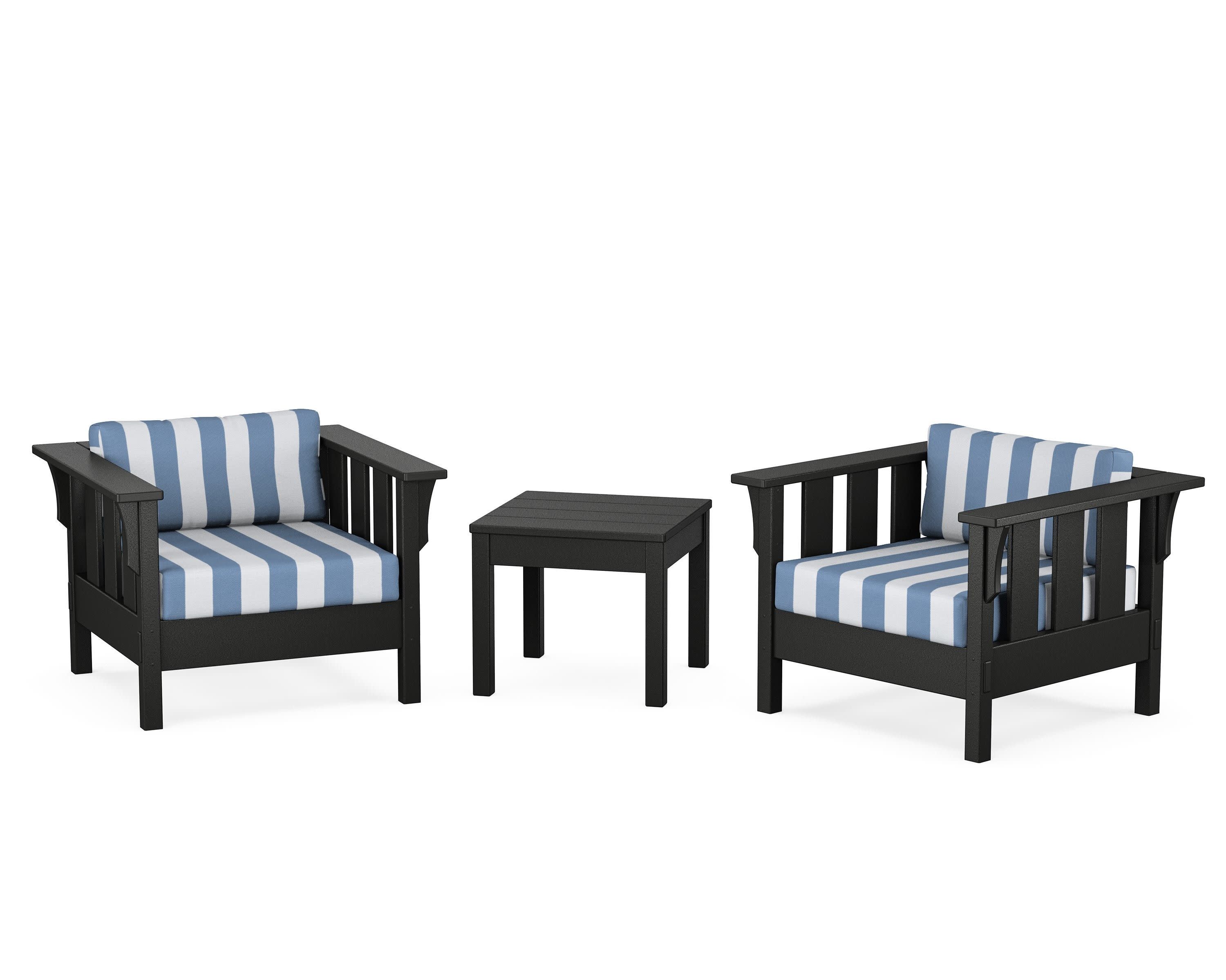 Acadia 3-Piece Deep Seating Set in Black / Cabana Stripe Sky Blue