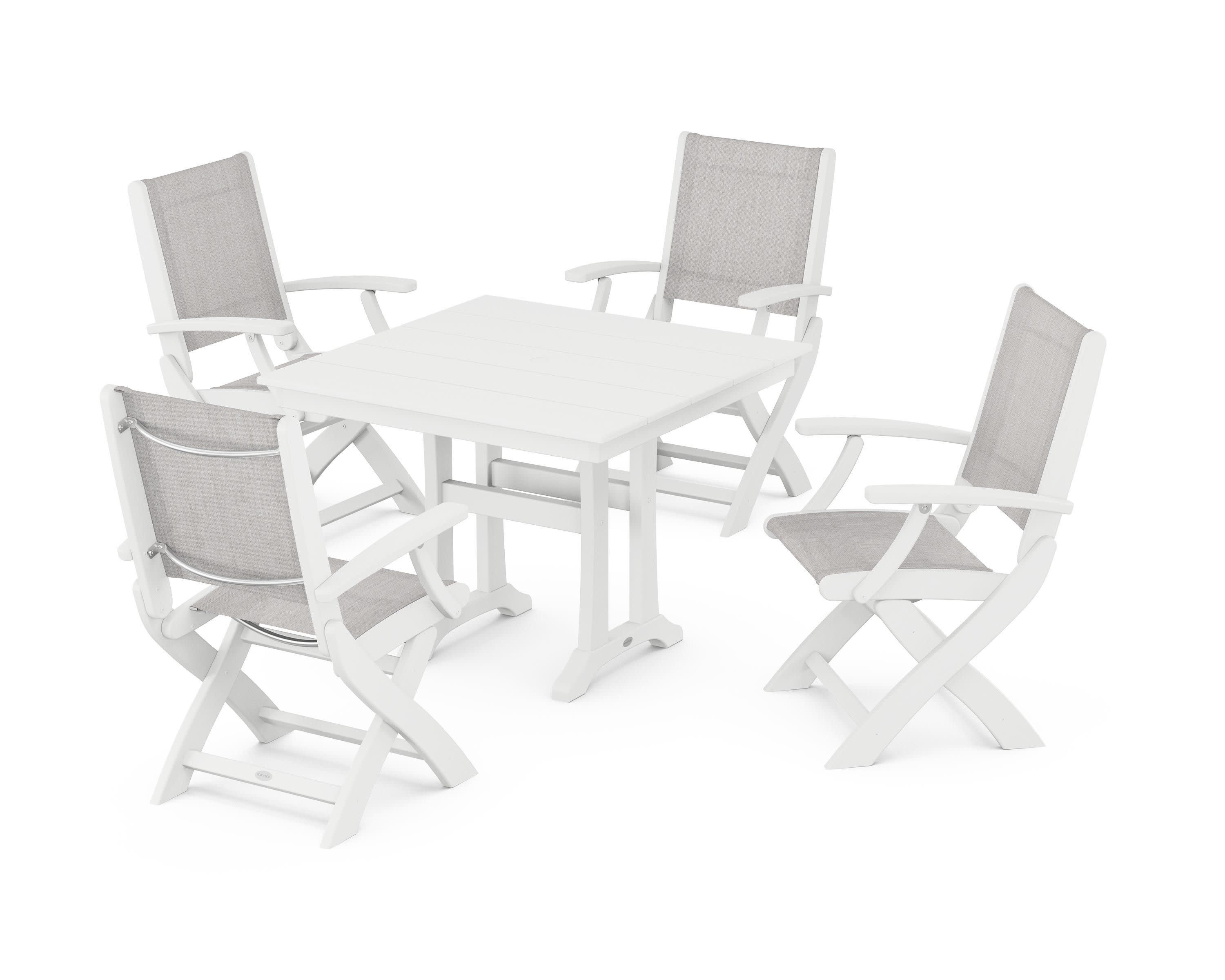 Coastal Folding Chair 5-Piece Farmhouse Dining Set With Trestle Legs in White / Parchment Sling