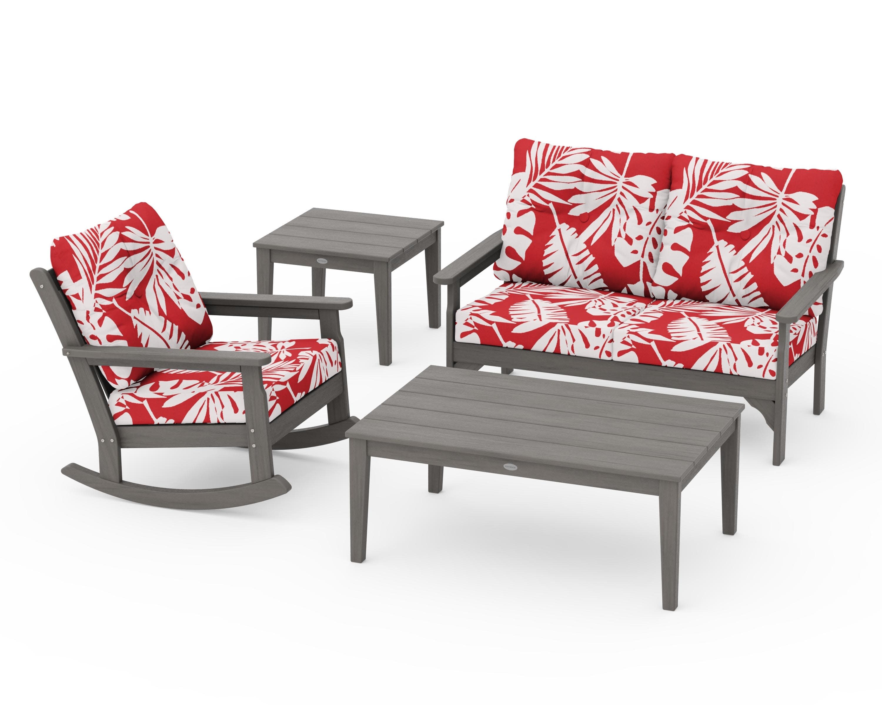 Vineyard 4-Piece Deep Seating Rocker Set in Driftwood / Leaf Crimson