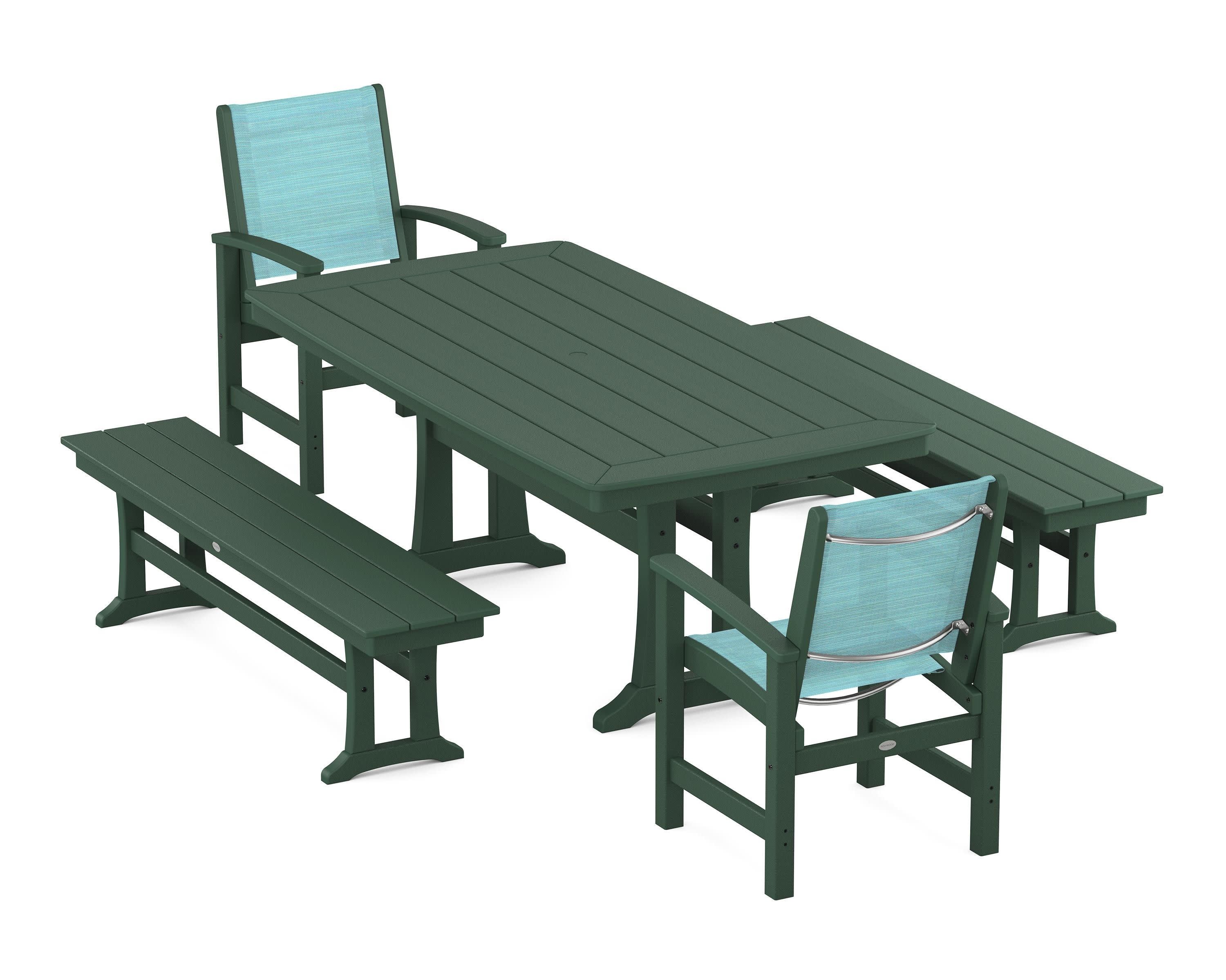 Coastal 5-Piece Dining Set with Trestle Legs and Benches in Green / Dupioni Aquamarine Sling
