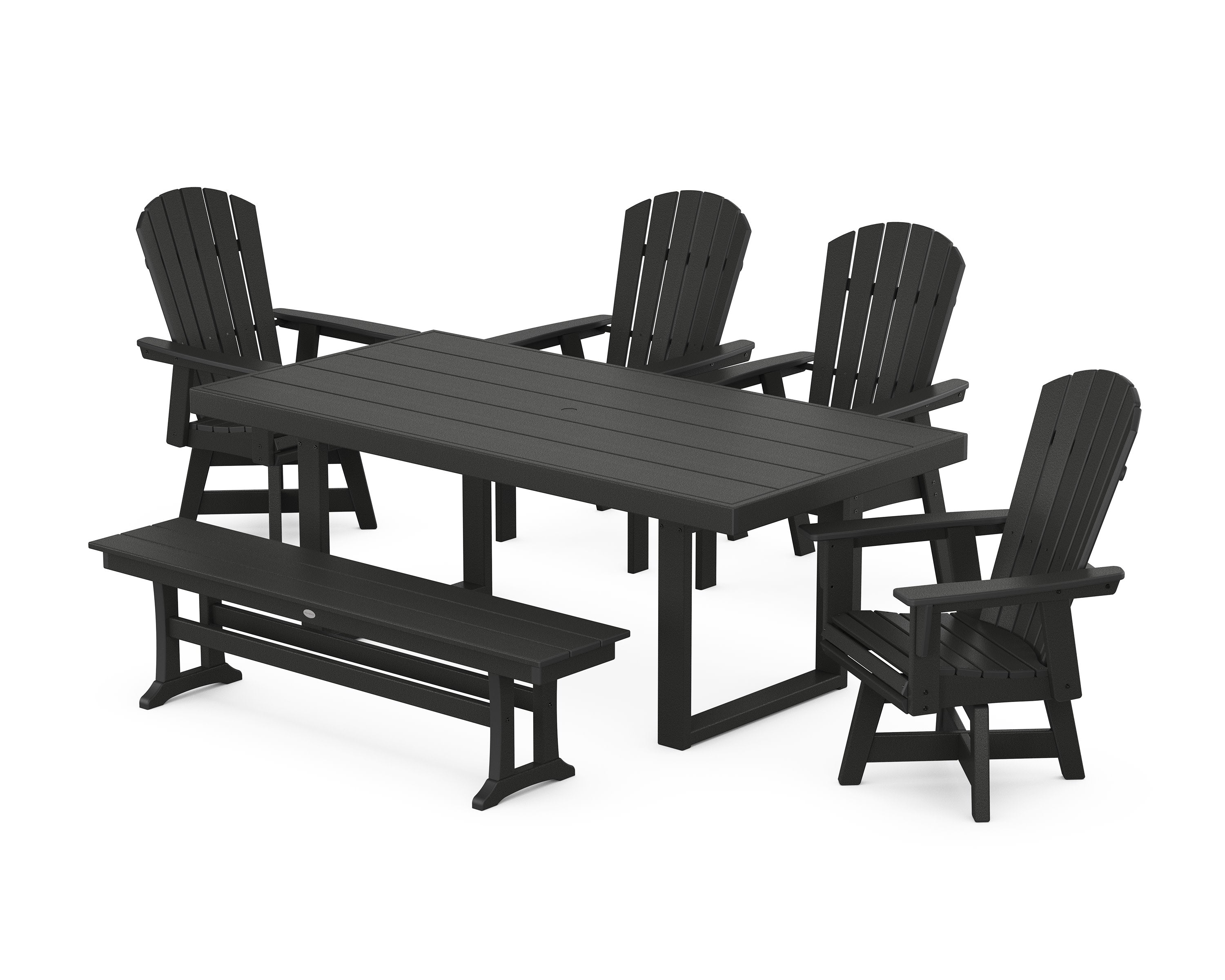 Nautical Curveback Adirondack Swivel Chair 6-Piece Dining Set with Bench in Black