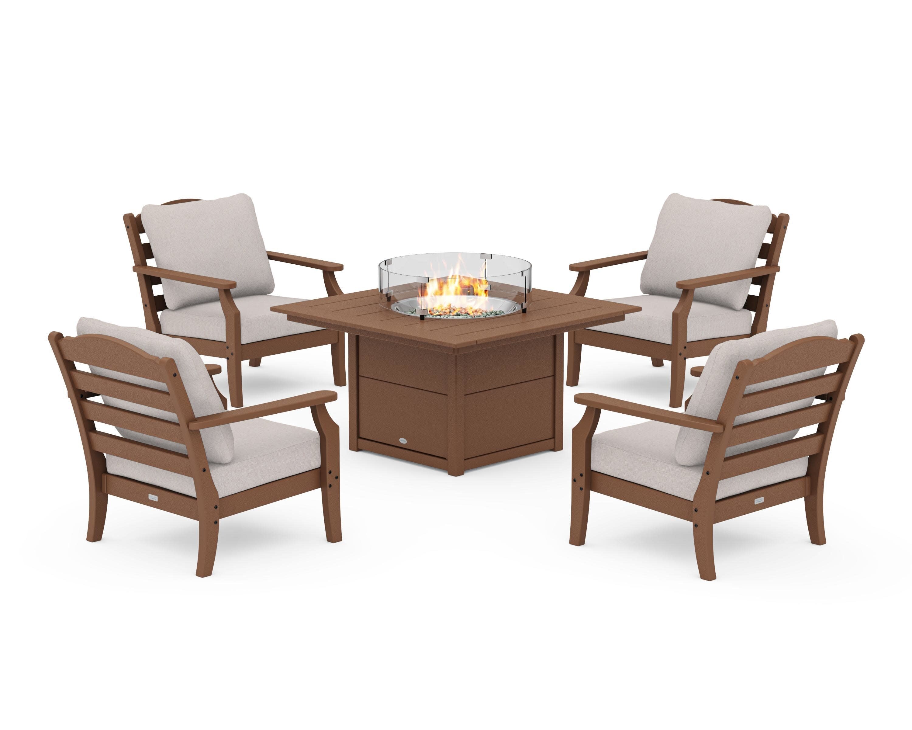 Savannah 5-Piece Deep Seating Set with Fire Pit Table in Teak / Dune Burlap