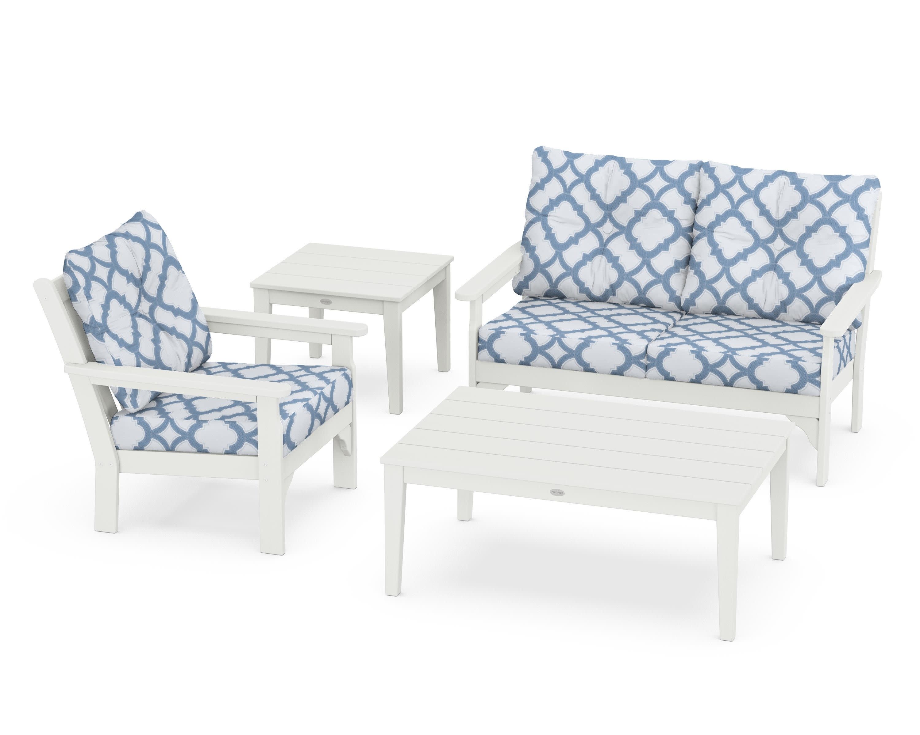 Vineyard 4-Piece Deep Seating Set in Vintage White / Trellis Sky Blue