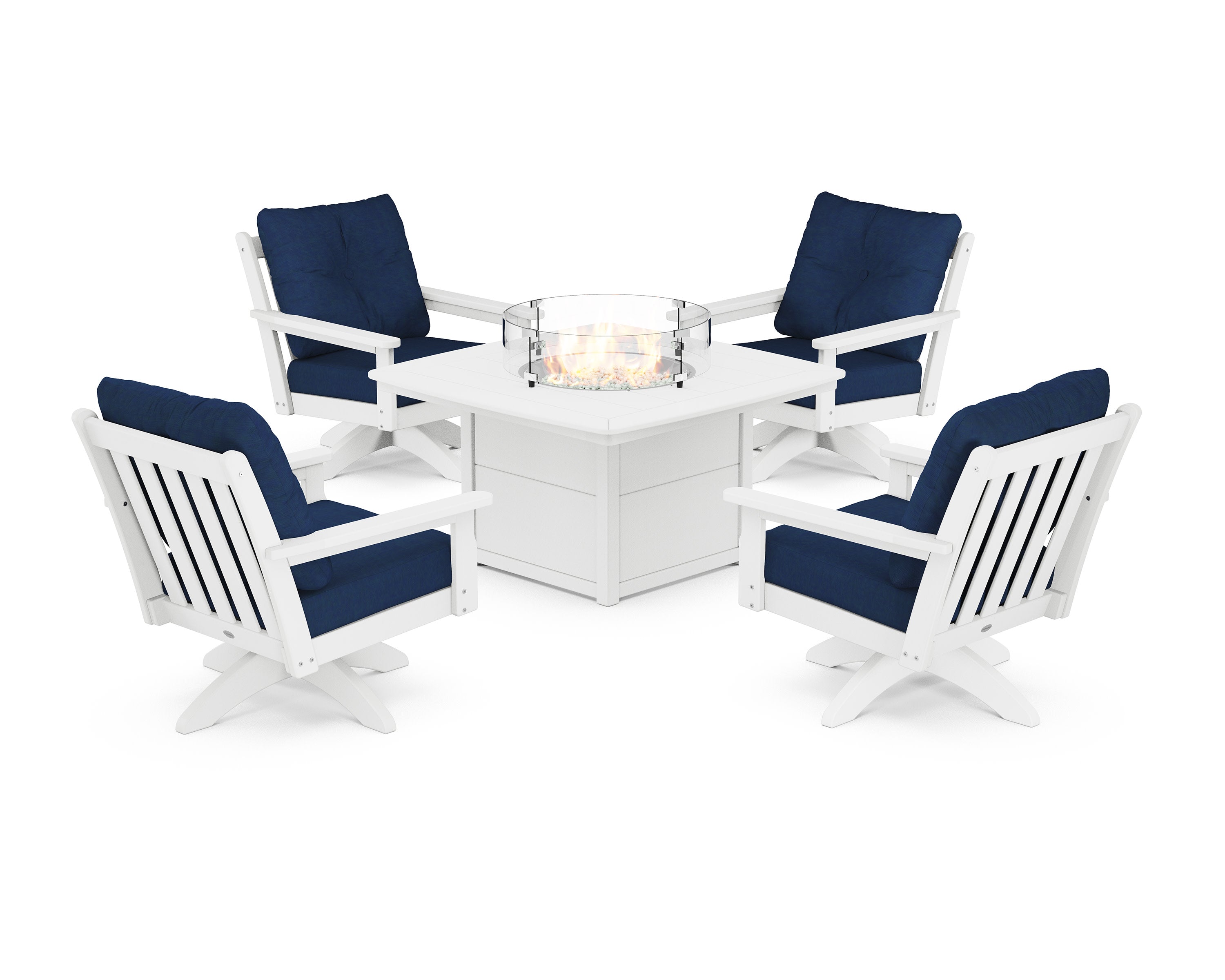 Vineyard 5-Piece Deep Seating Swivel Conversation Set with Fire Pit Table in White / Navy