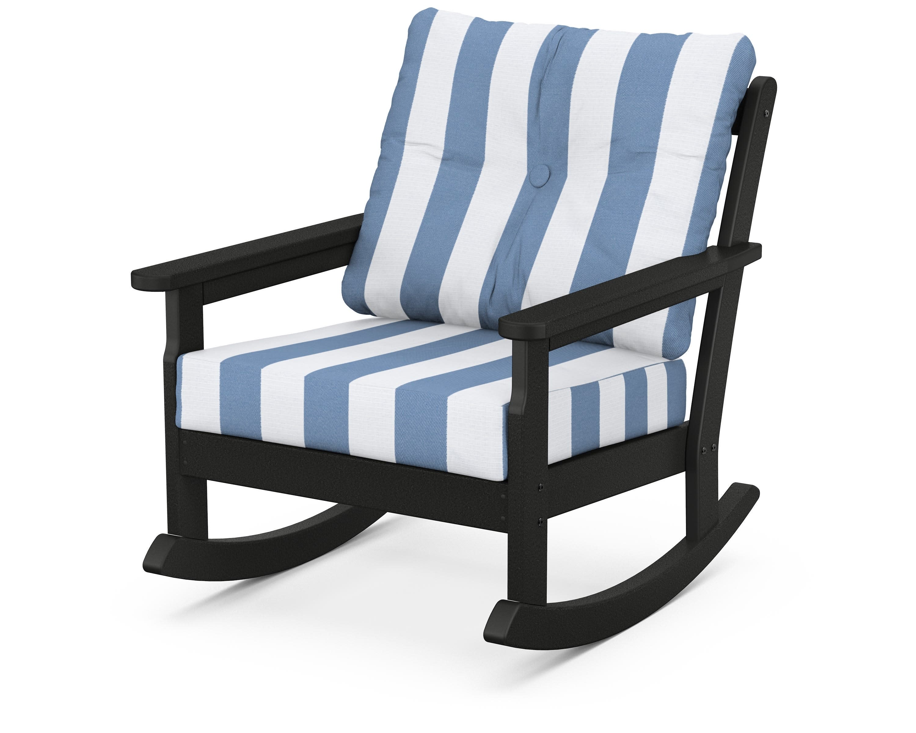 Vineyard Deep Seating Rocking Chair in Black / Cabana Stripe Sky Blue