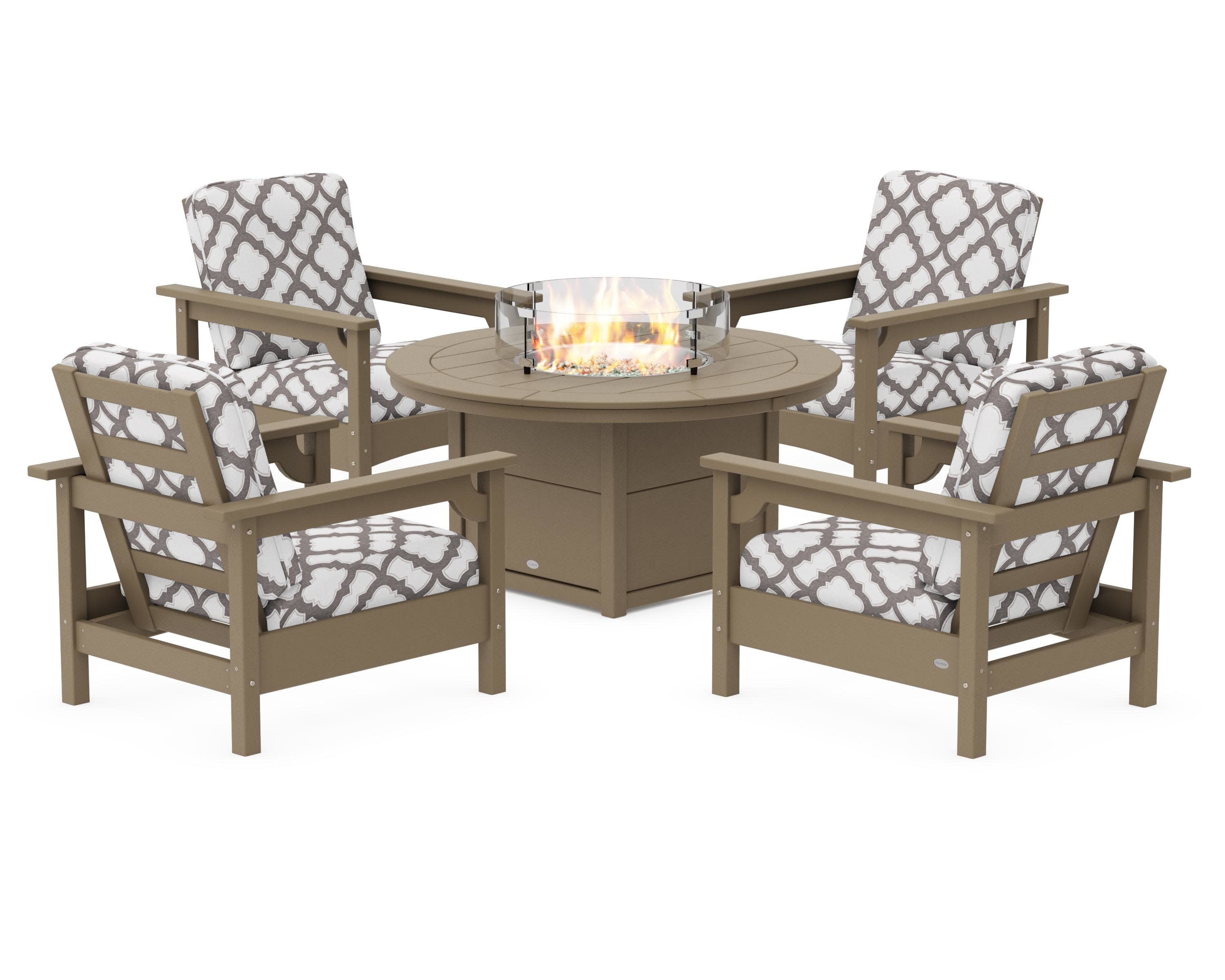 Club 5-Piece Conversation Set with Fire Pit Table in Vintage Sahara / Trellis Grey Mist