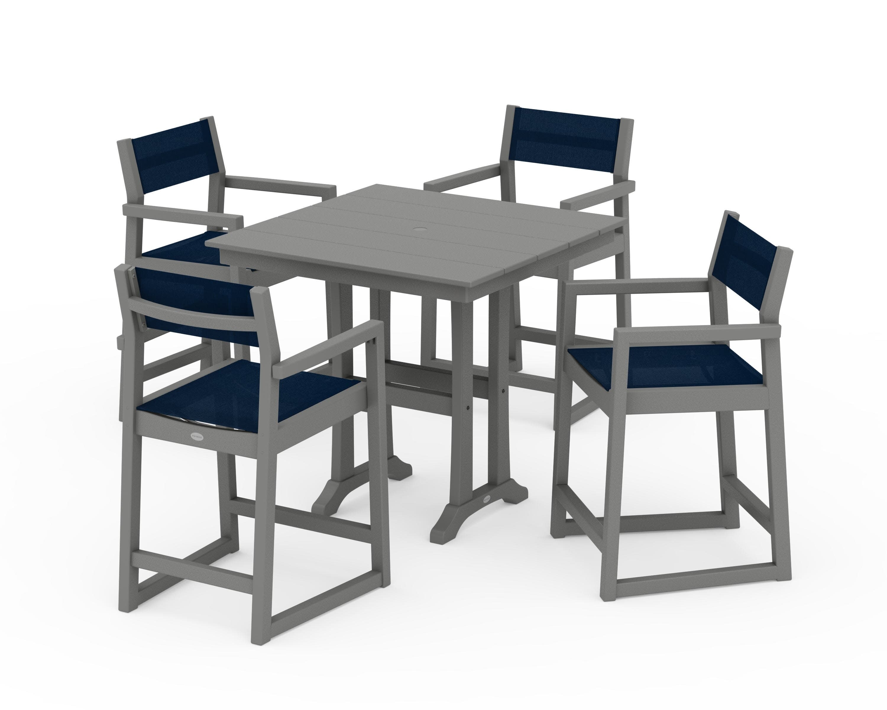 EDGE Sling Arm Chair 5-Piece Farmhouse Counter Set with Trestle Legs in Slate Grey / Navy Blue Sling