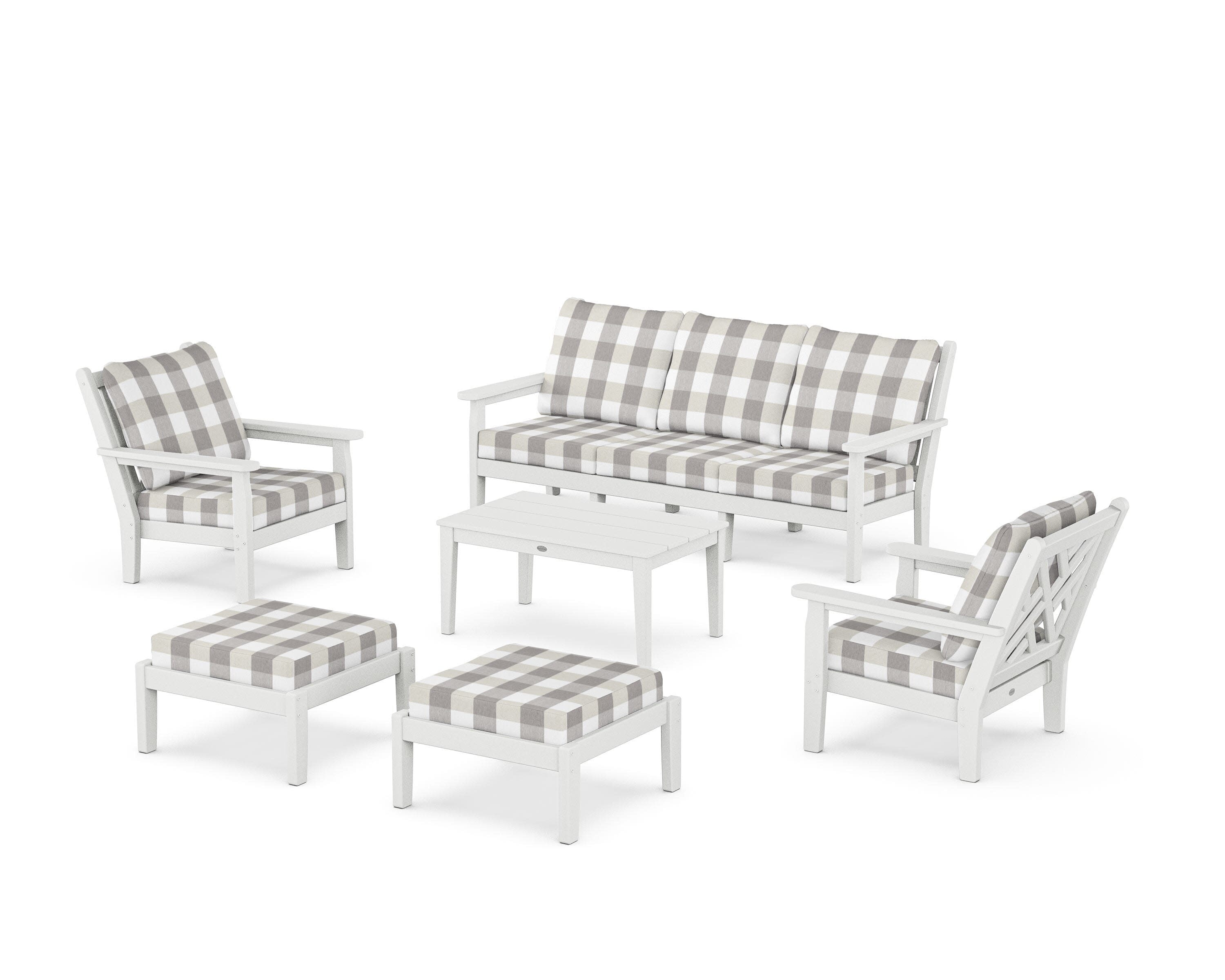 Chippendale 6-Piece Lounge Sofa Set in White / Buffalo Plaid Grey Mist
