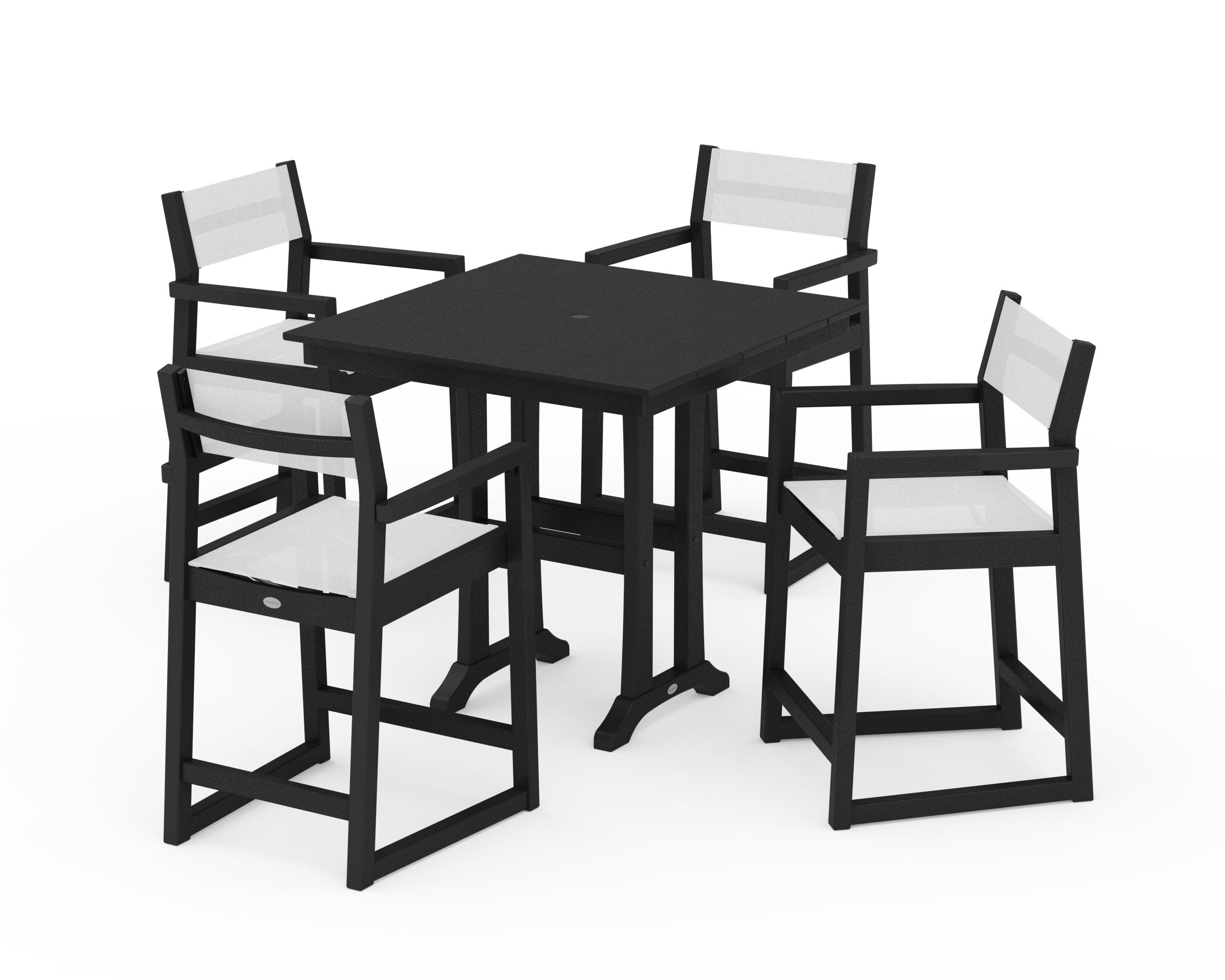 EDGE Sling Arm Chair 5-Piece Farmhouse Counter Set with Trestle Legs in Black / White Sling