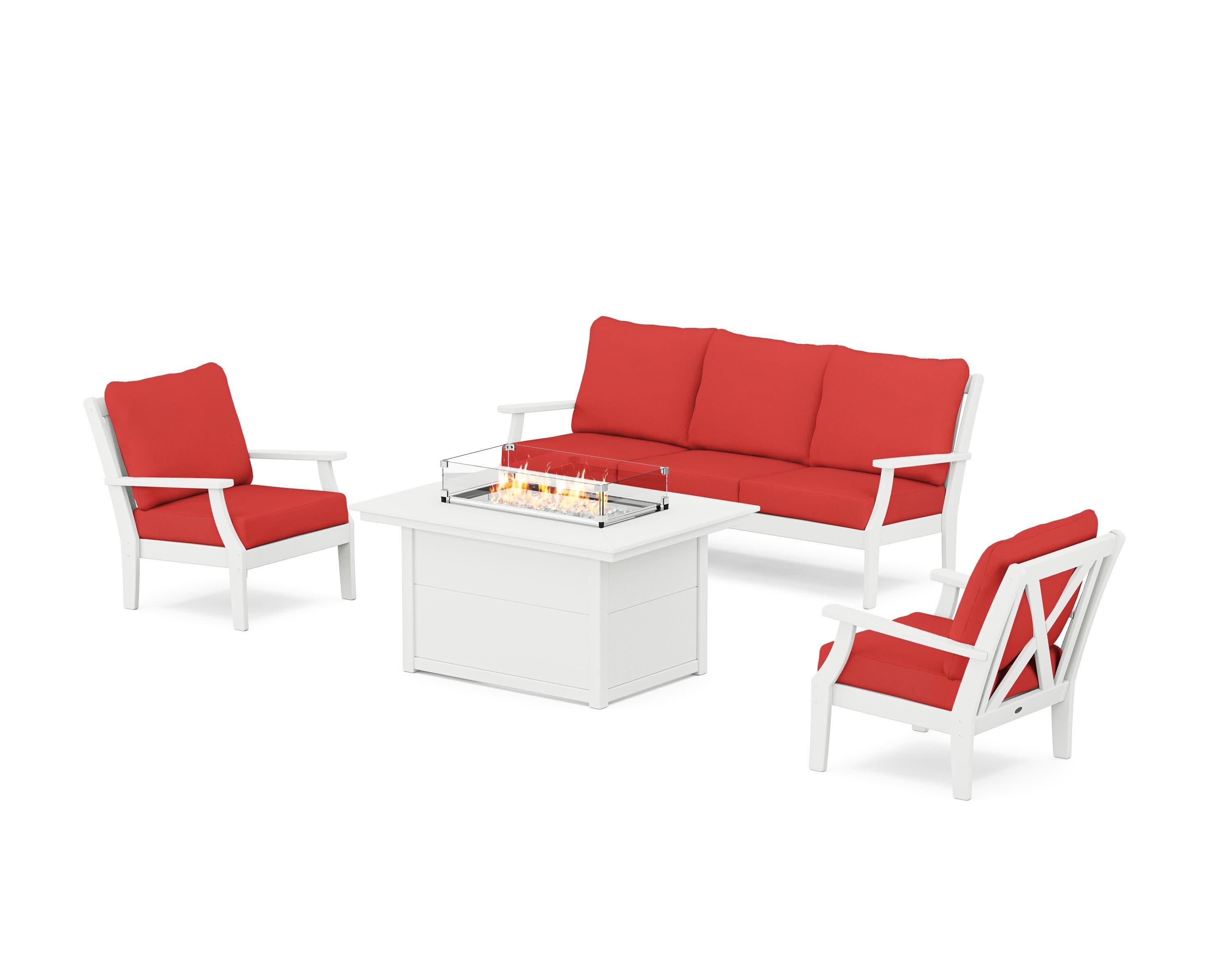 Braxton Deep Seating Fire Pit Table Set in White / Crimson Linen