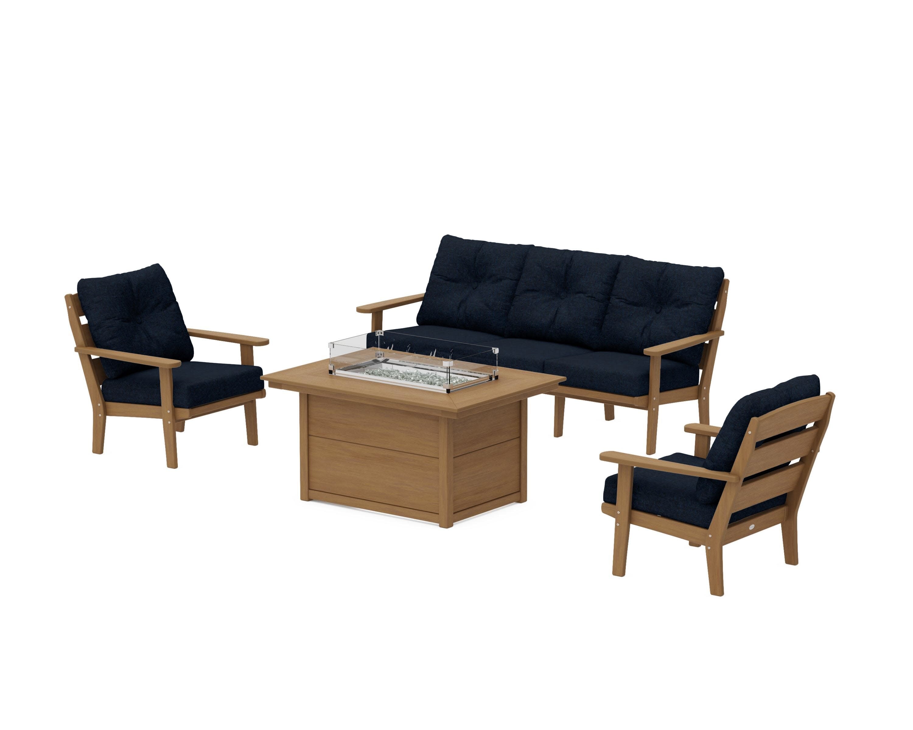 Lakeside Deep Seating Fire Pit Table Set in Natural / Marine Indigo